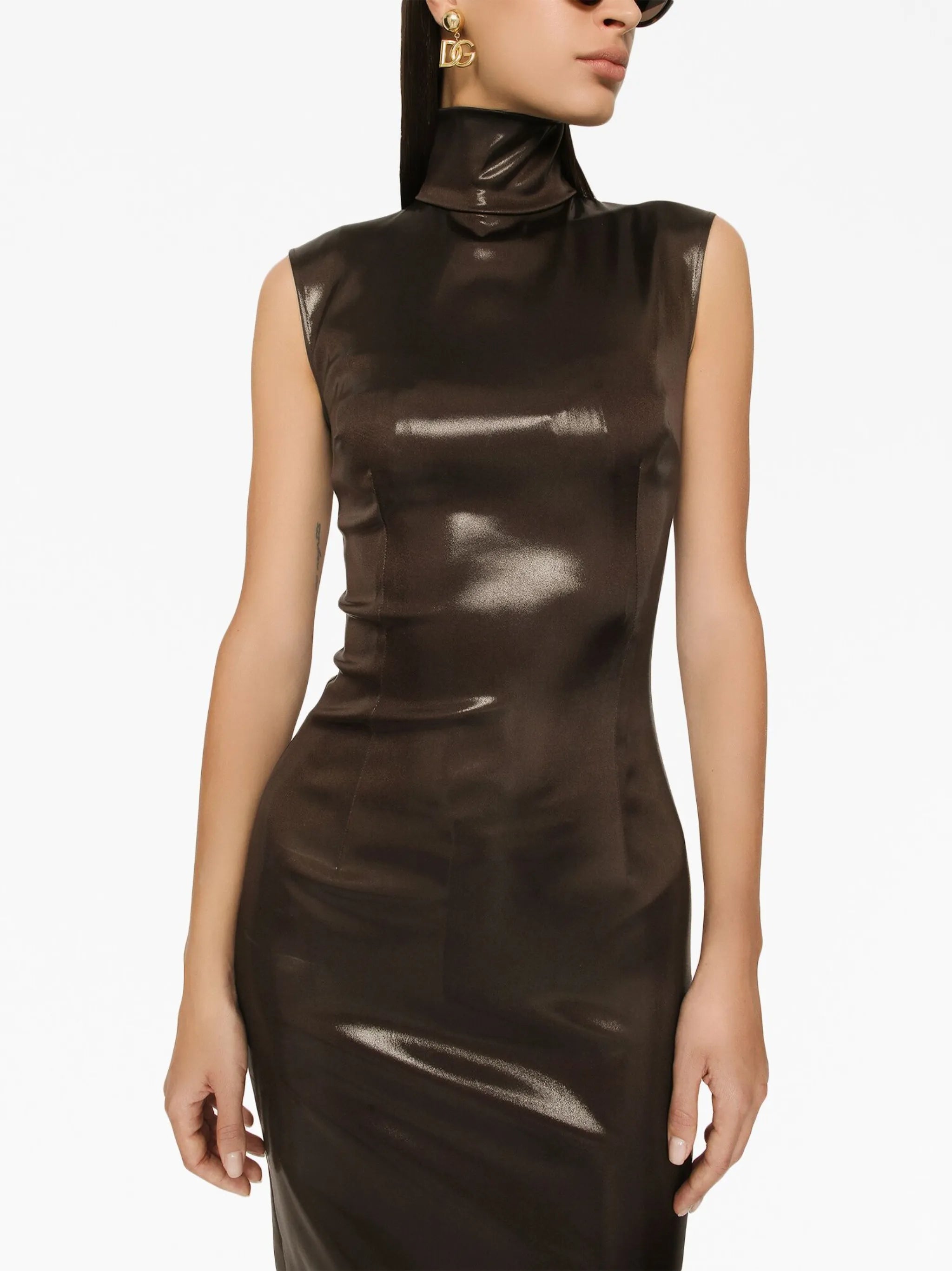 coated high-neck midi dress