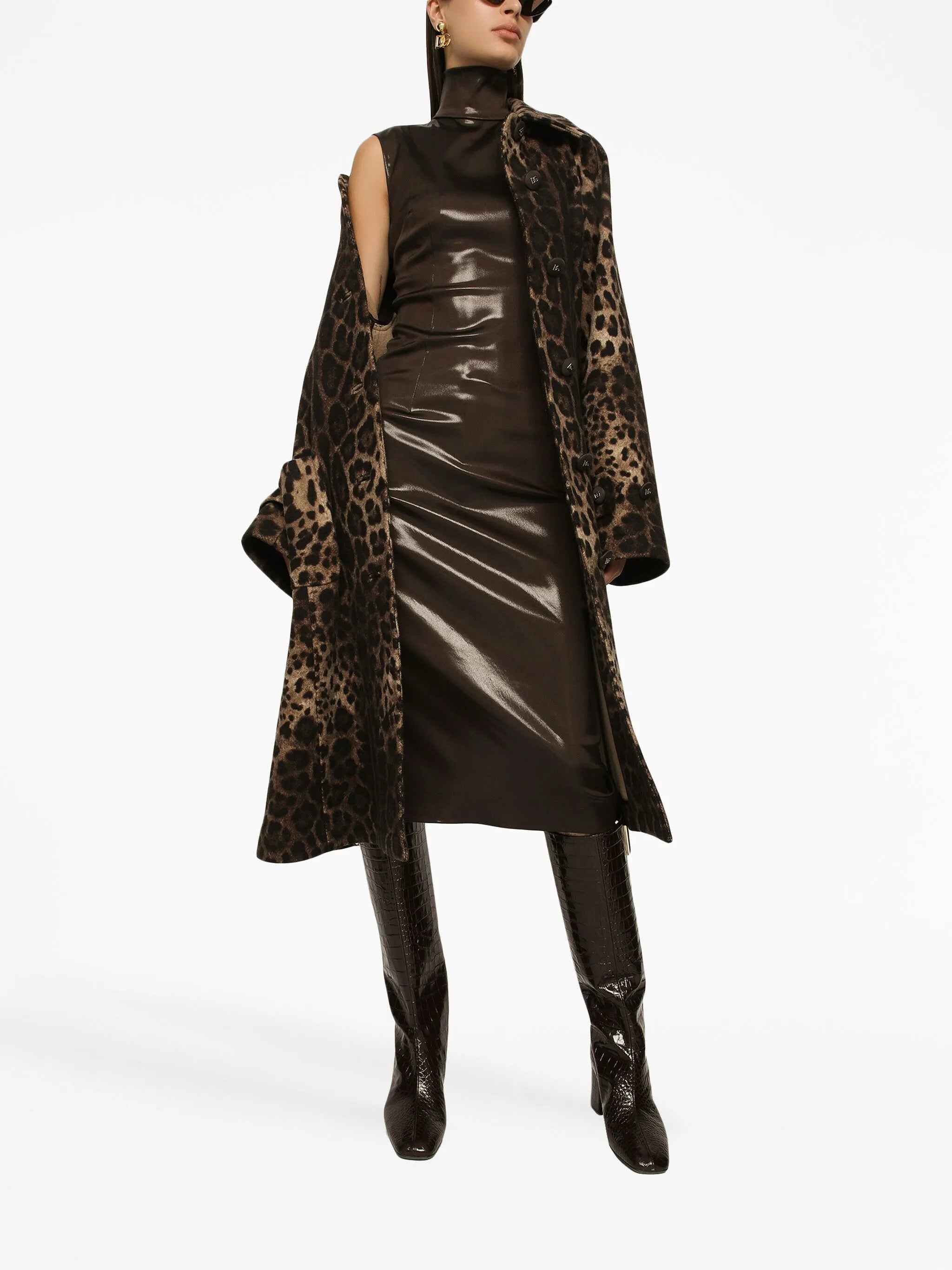 coated high-neck midi dress
