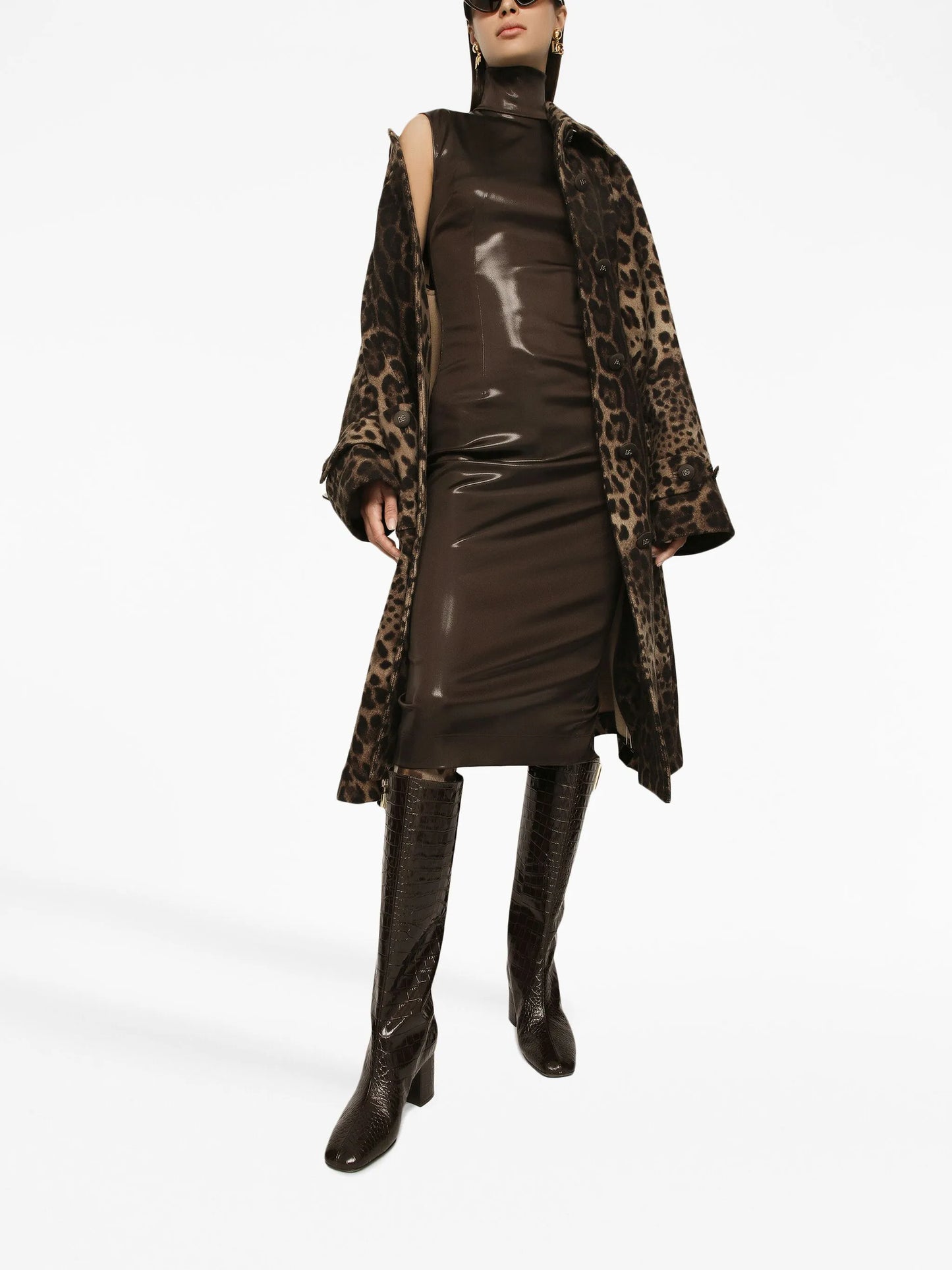 coated high-neck midi dress