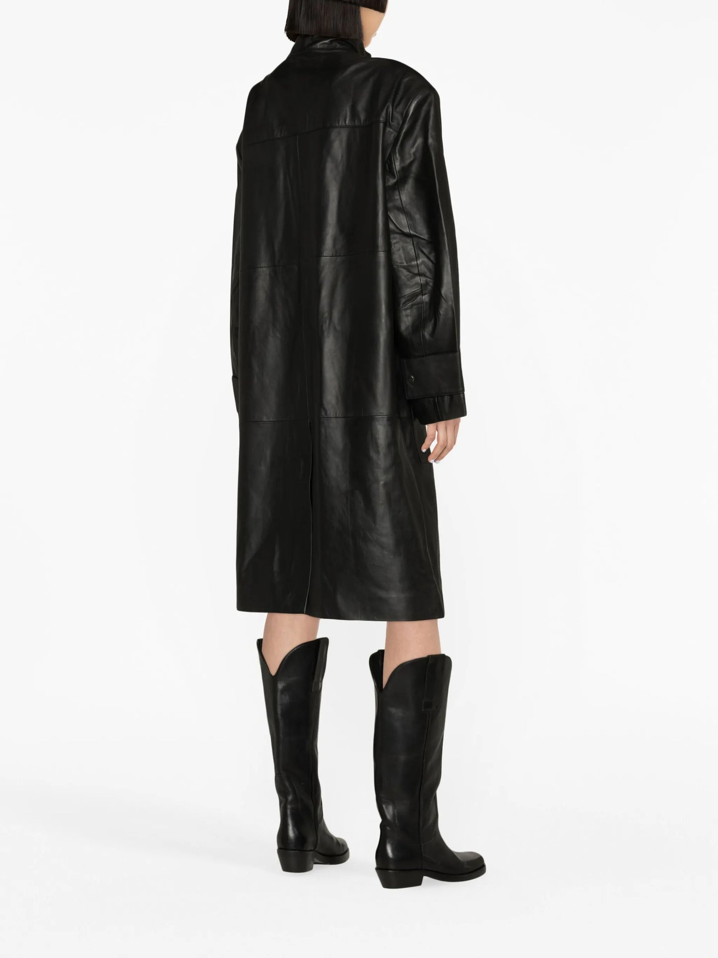funnel-neck leather coat