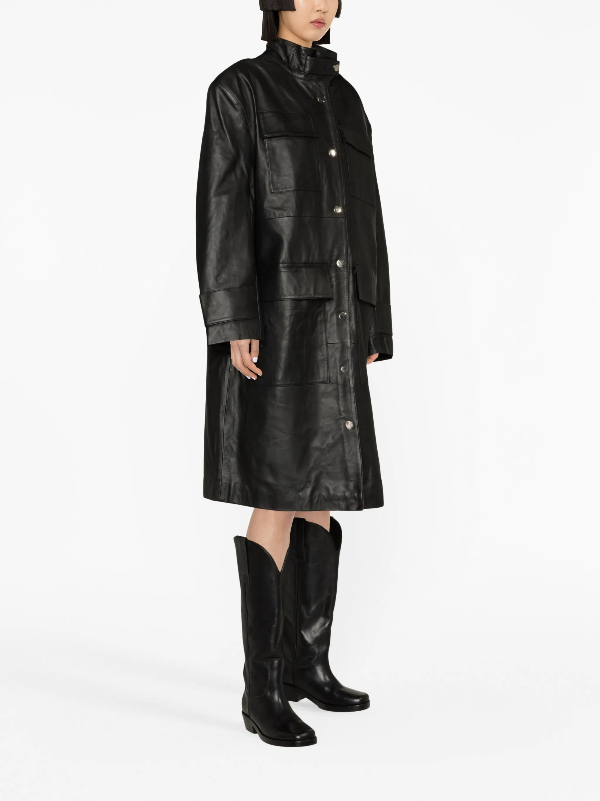funnel-neck leather coat