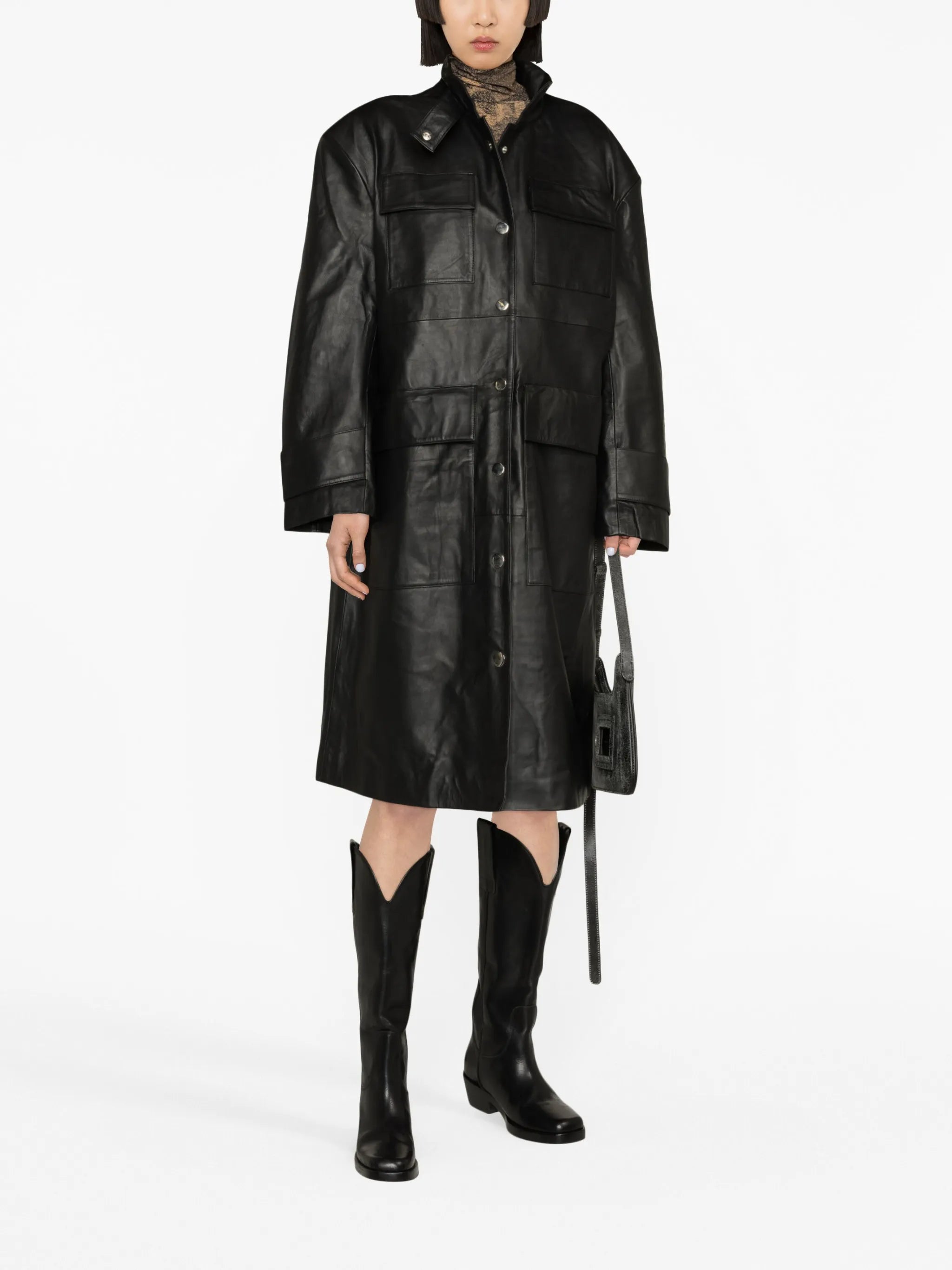 funnel-neck leather coat