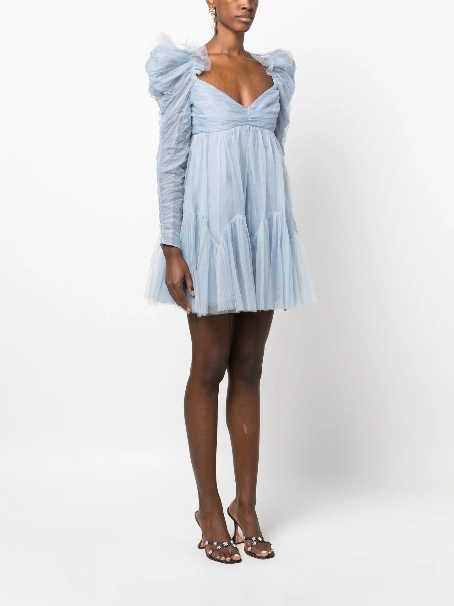 puff-sleeve ruched tulle minidress