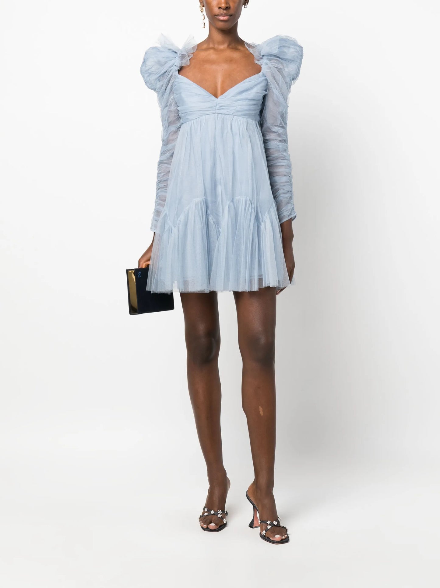 puff-sleeve ruched tulle minidress