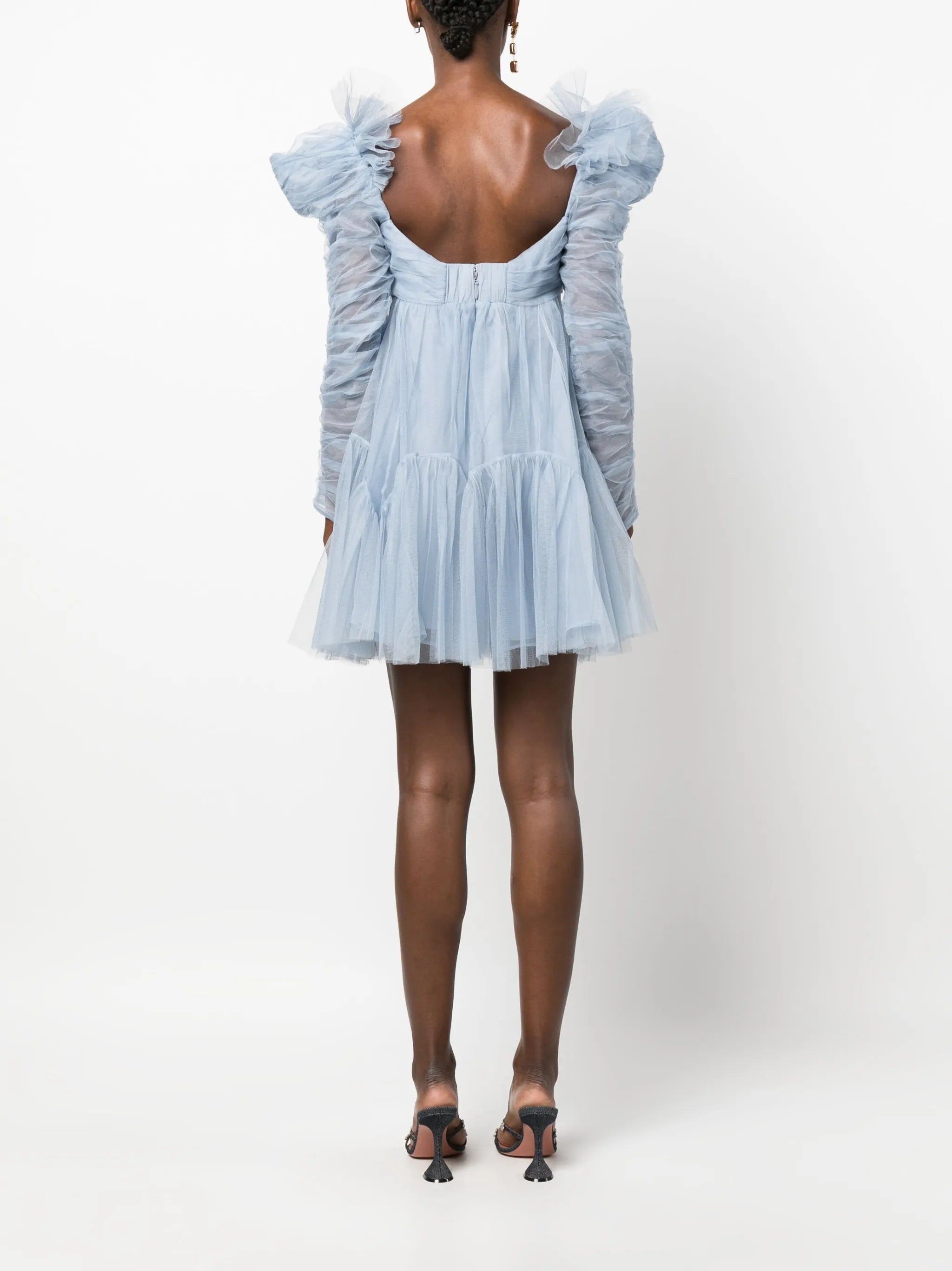 puff-sleeve ruched tulle minidress