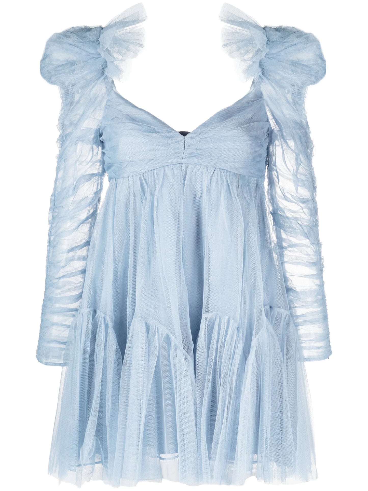 puff-sleeve ruched tulle minidress