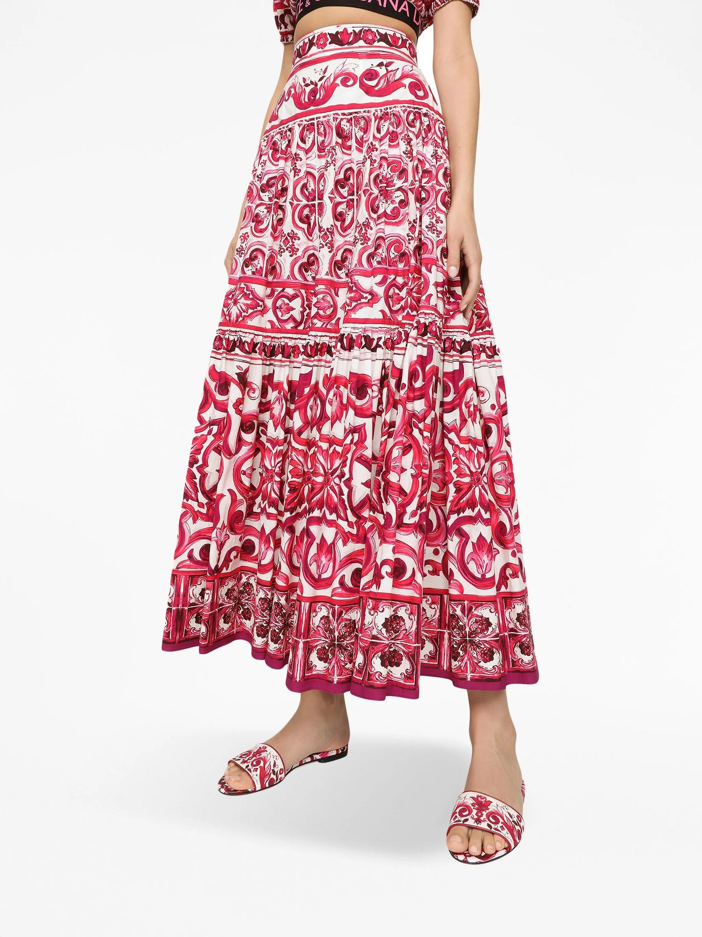 Majolica-print pleated maxi skirt