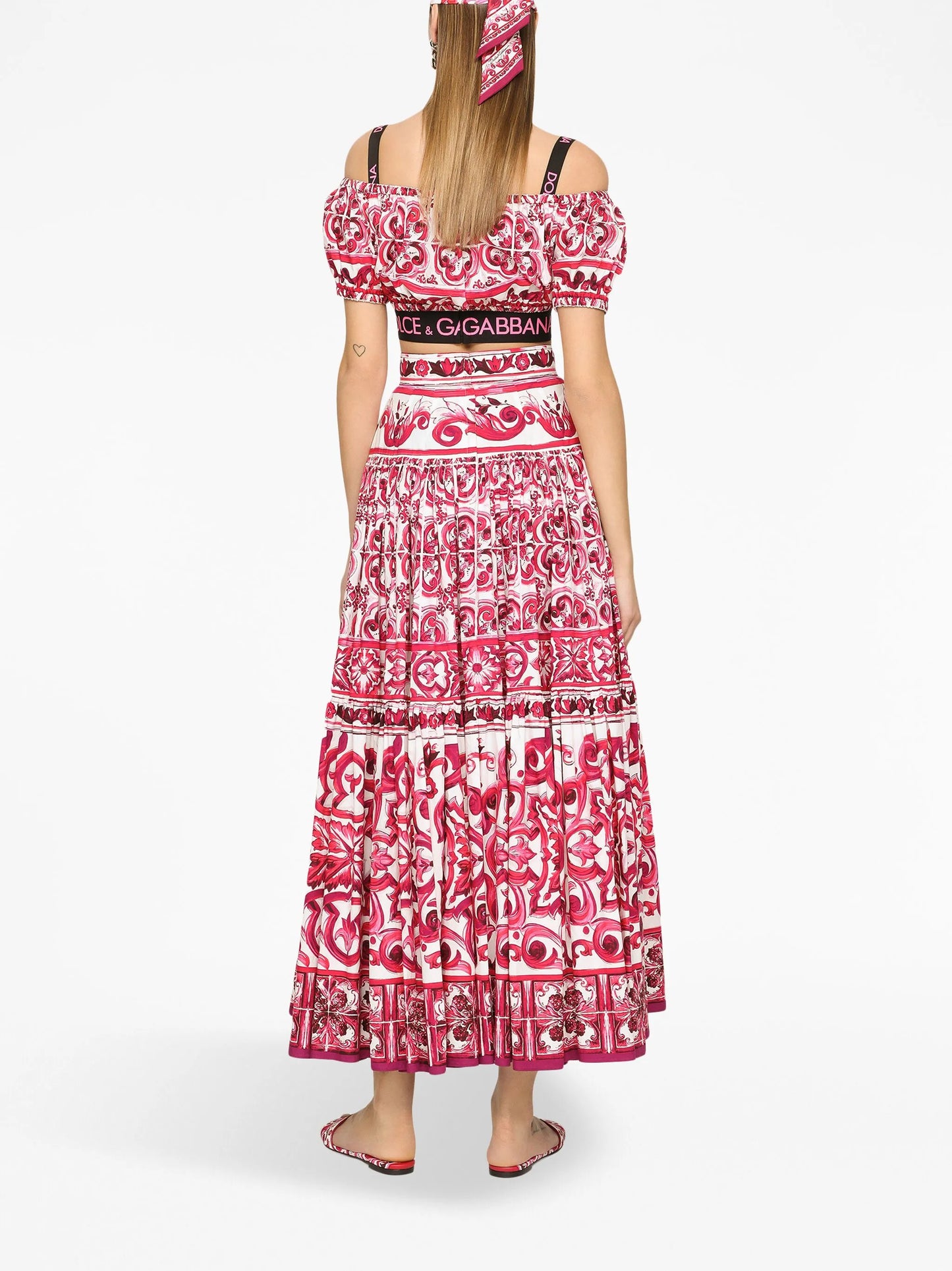 Majolica-print pleated maxi skirt