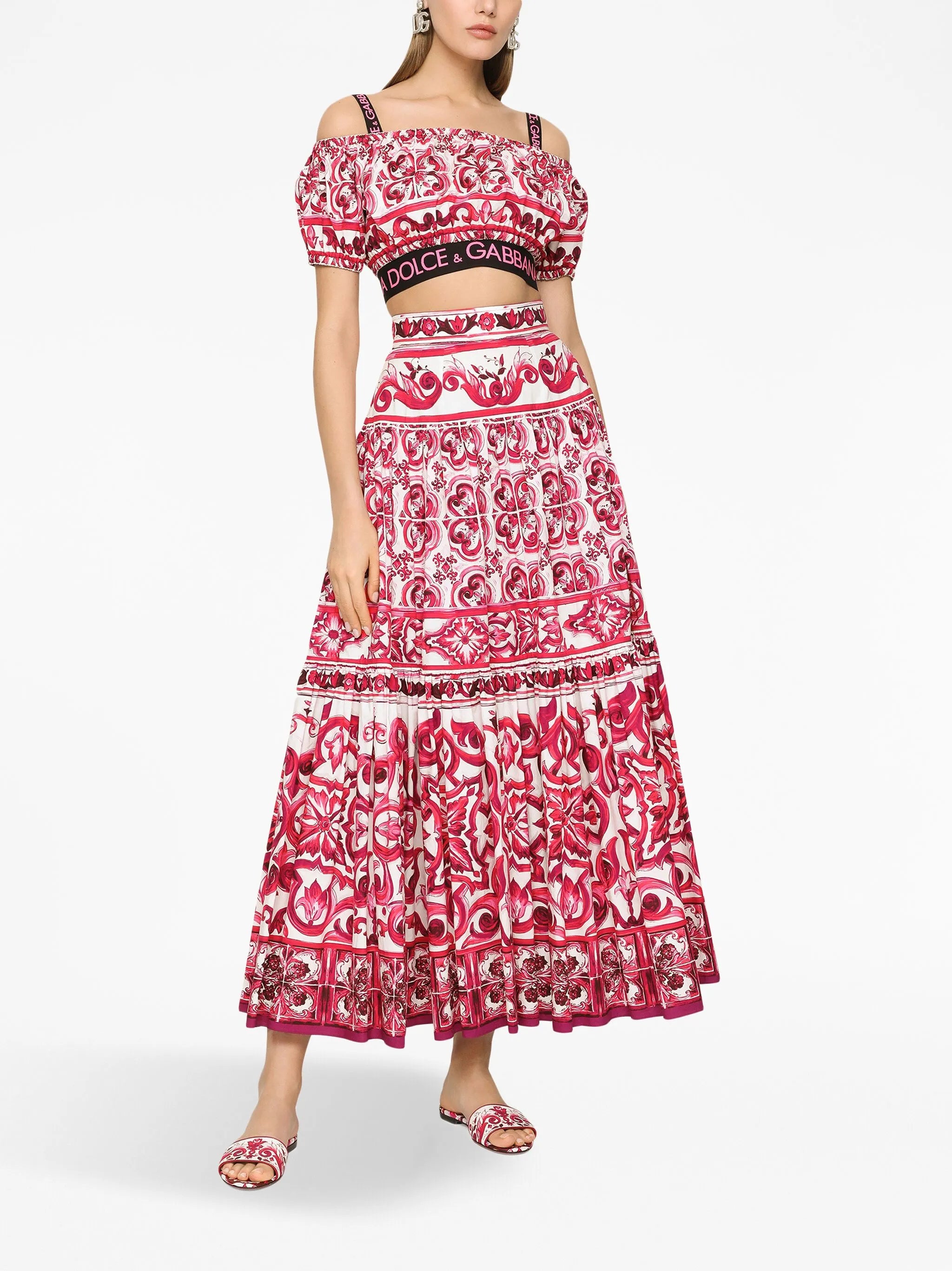 Majolica-print pleated maxi skirt