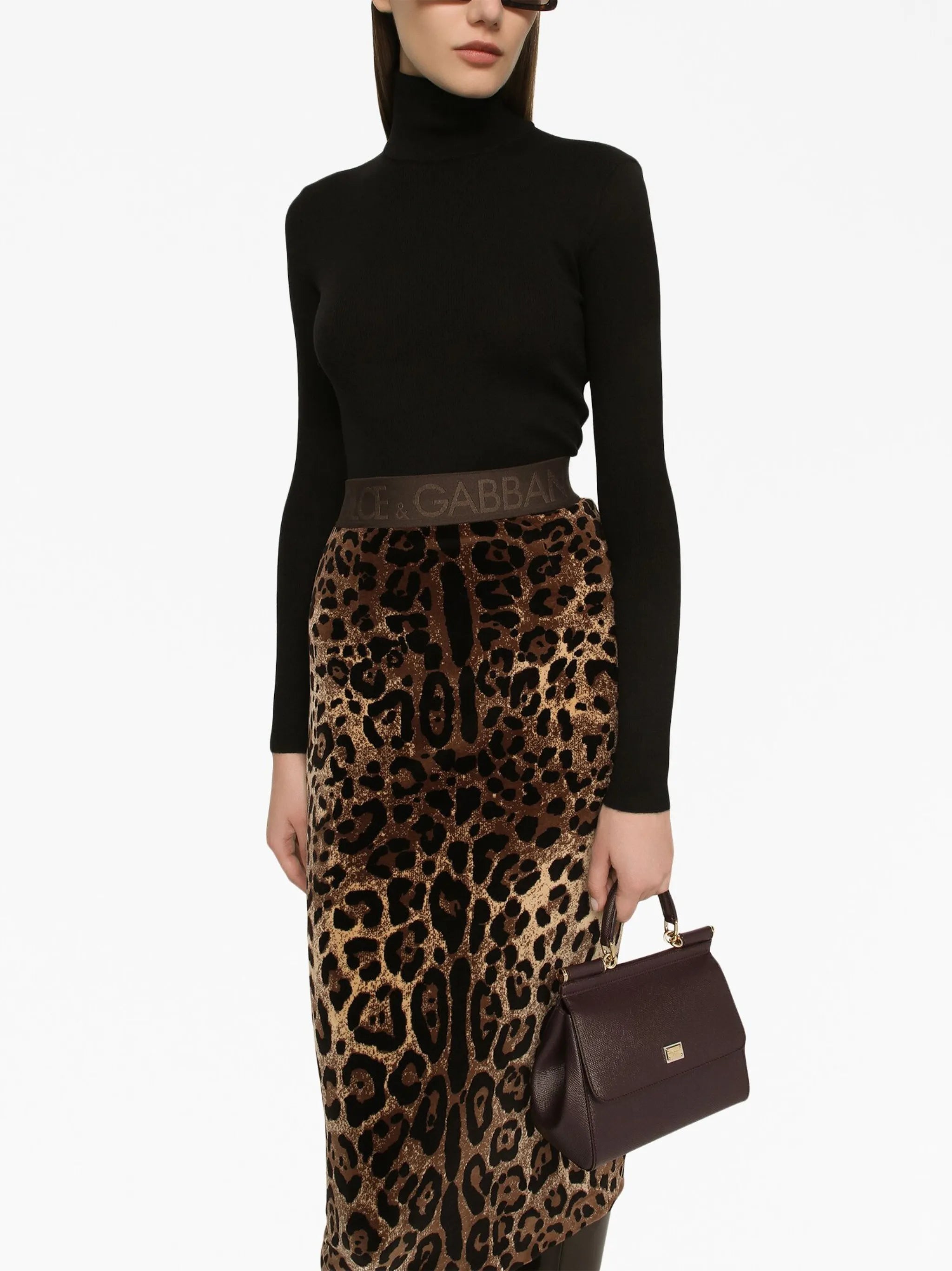 chenille leopard-print midi skirt