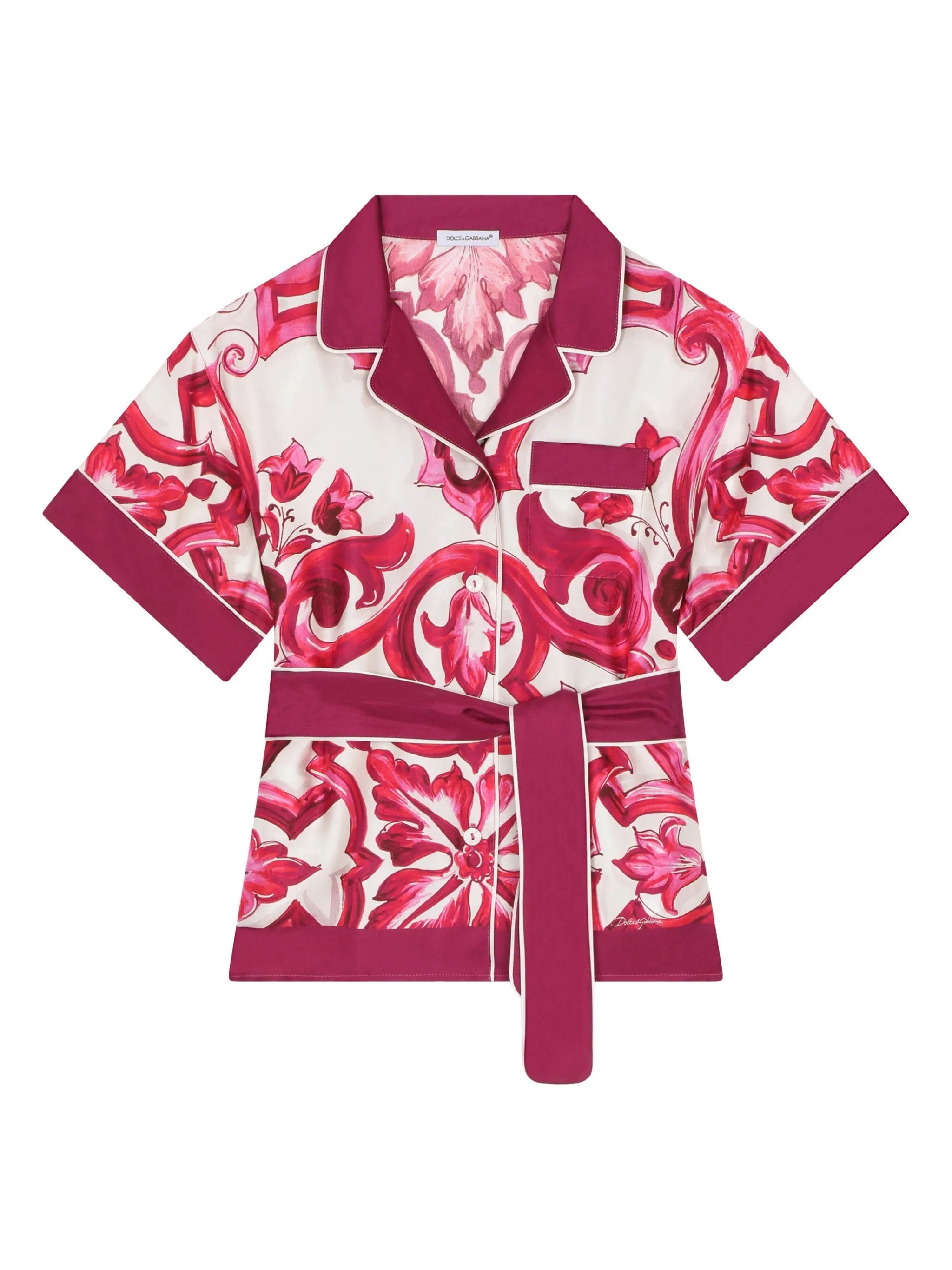 Majolica-print belted silk shirt