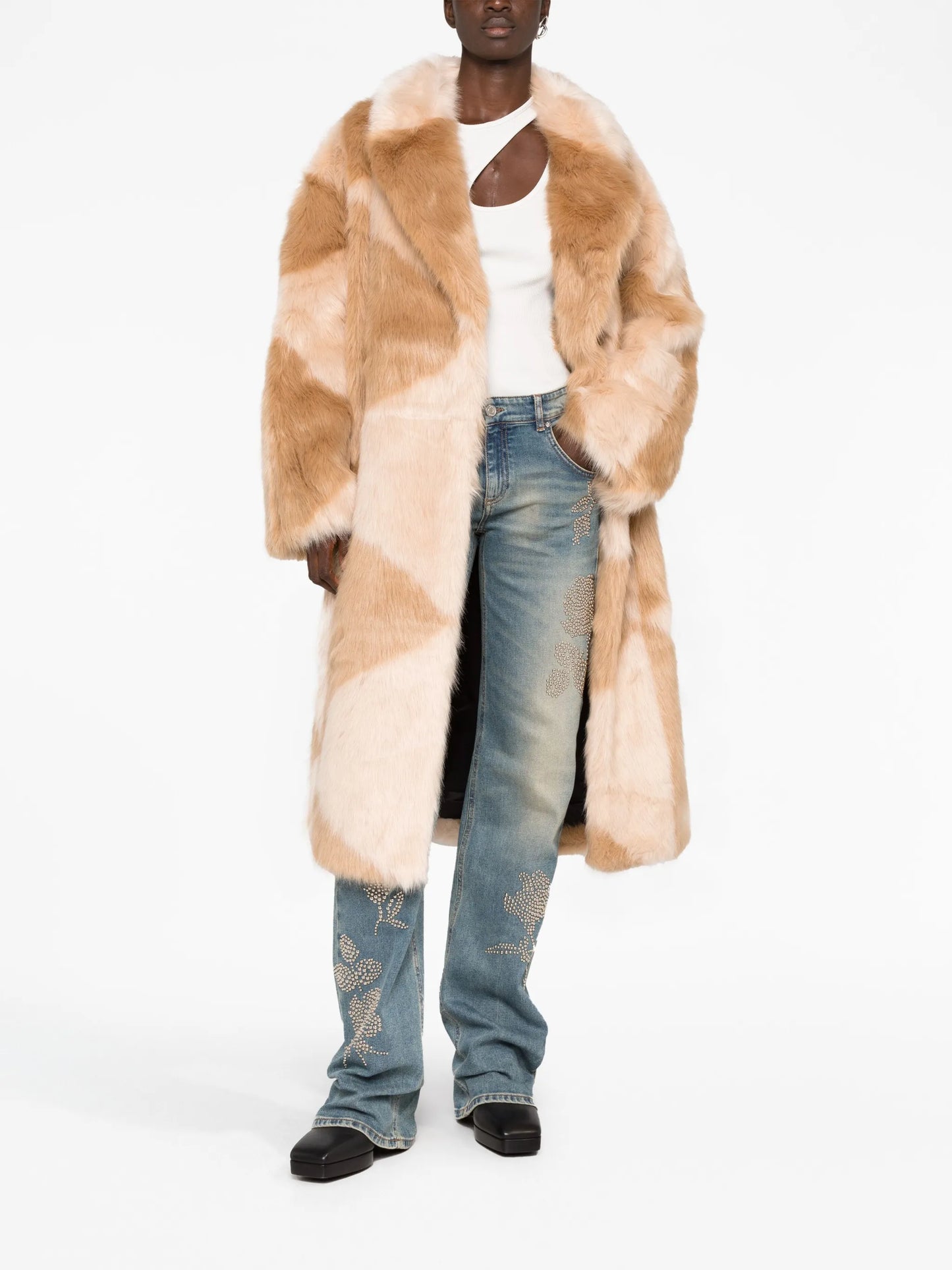 geometric-pattern faux-fur coat