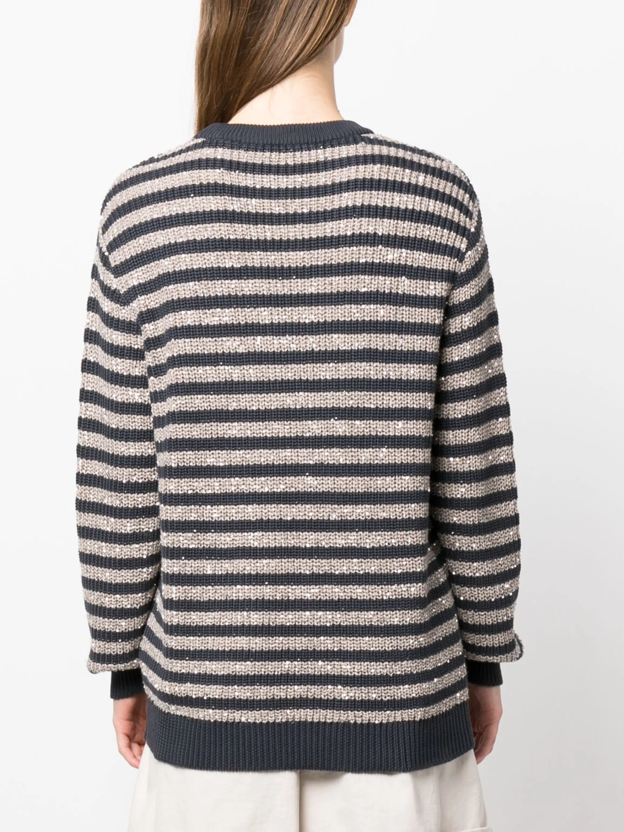sequinned striped crew neck jumper