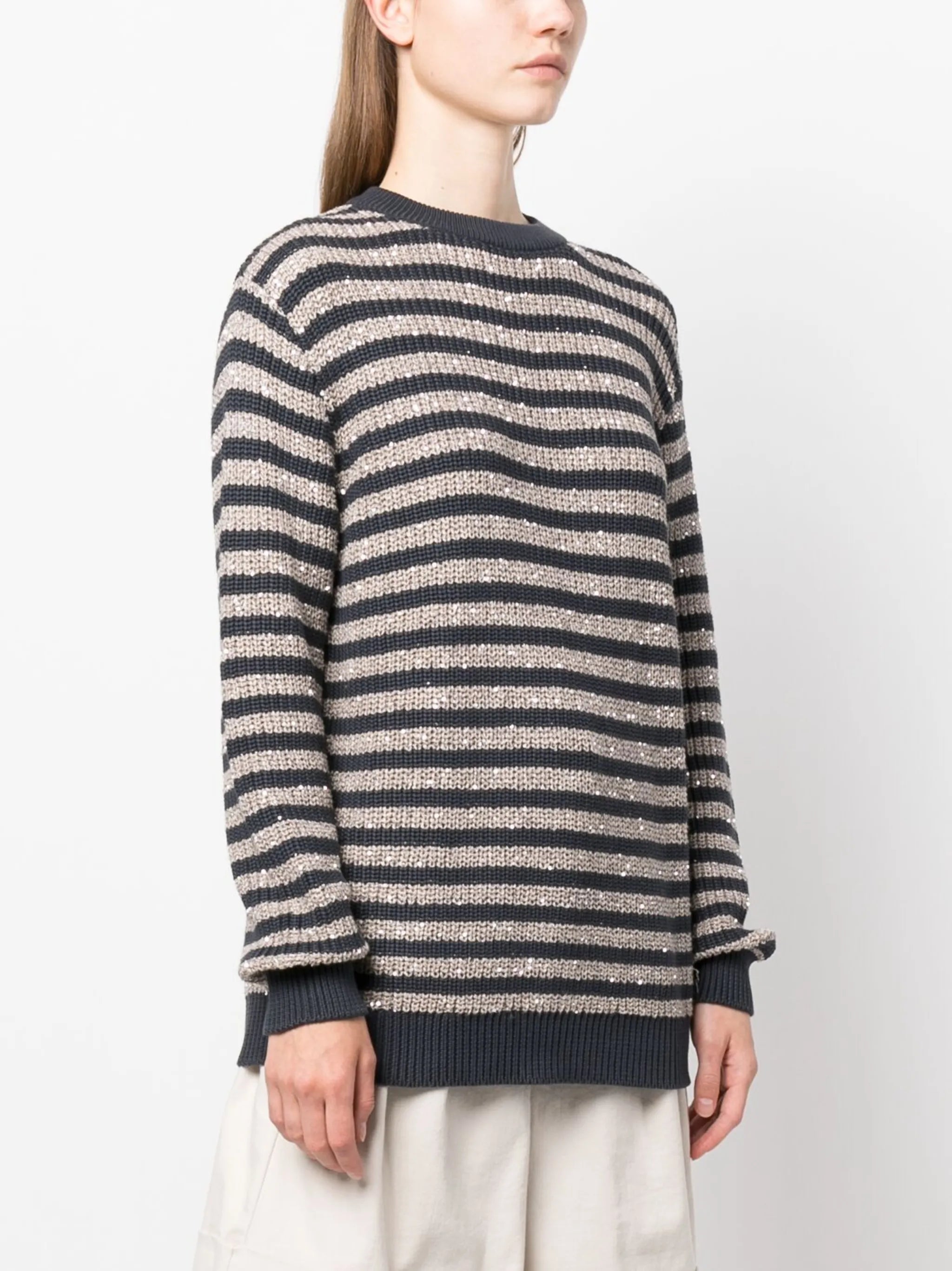 sequinned striped crew neck jumper