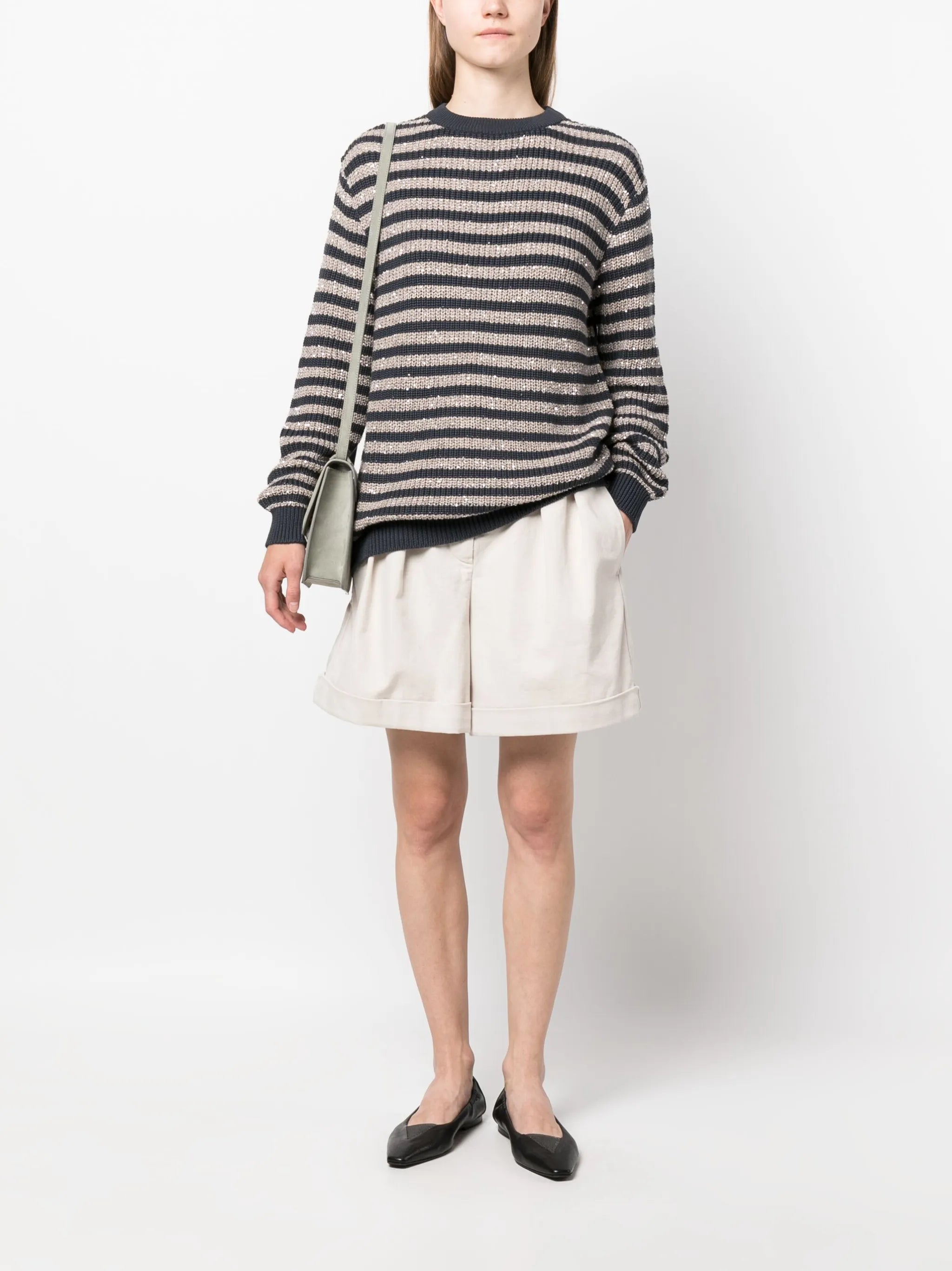 sequinned striped crew neck jumper