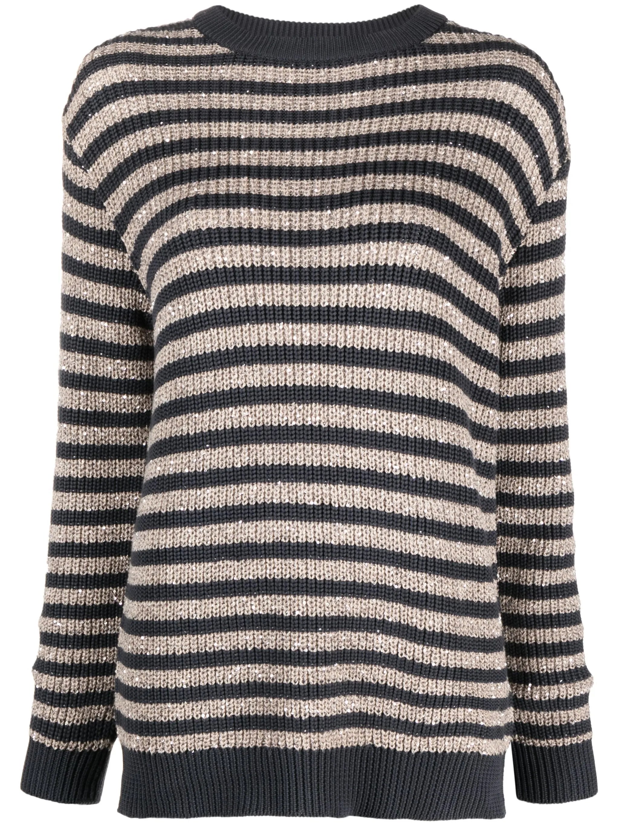 sequinned striped crew neck jumper