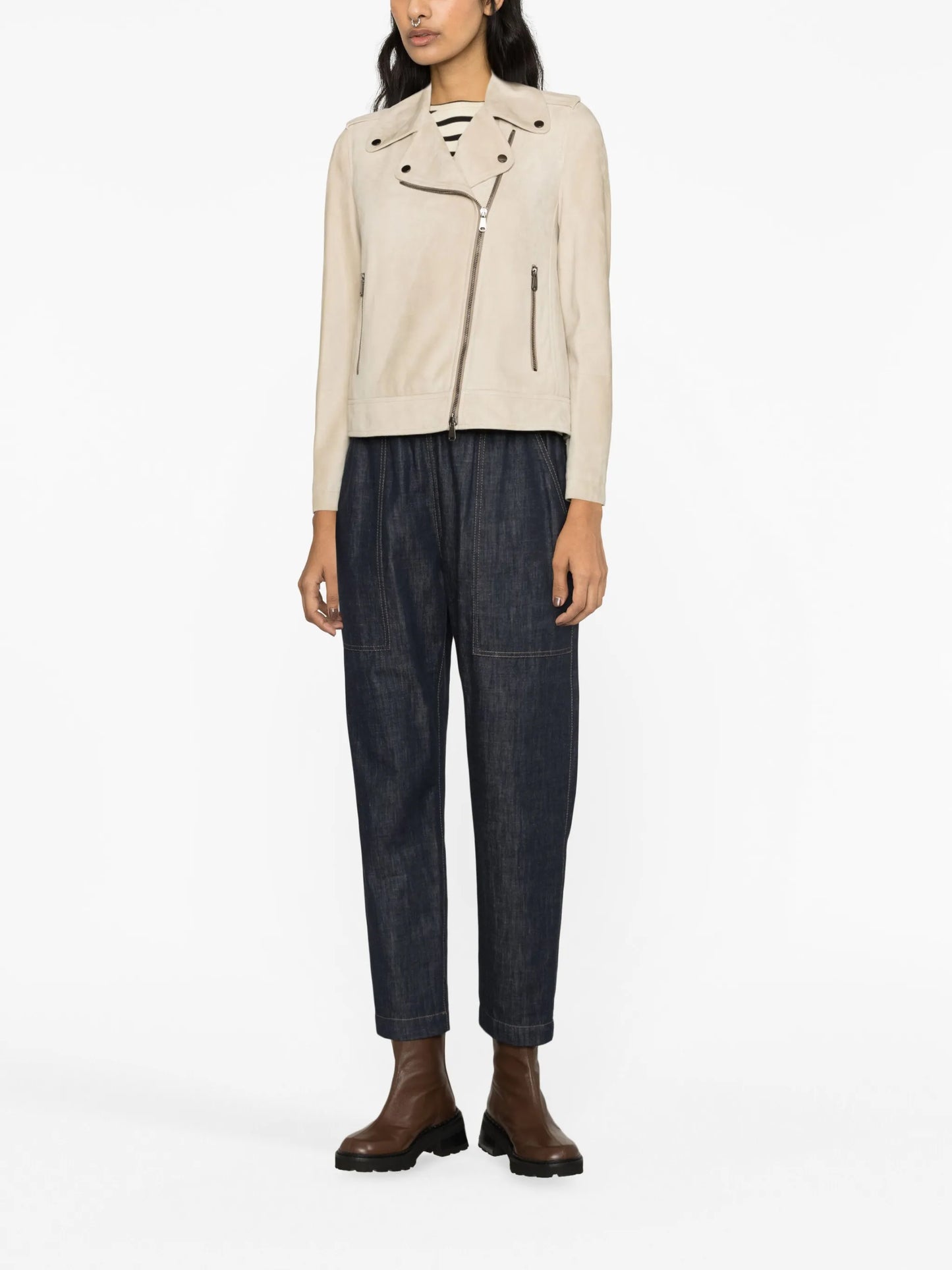 Monili bead-embellished suede biker jacket