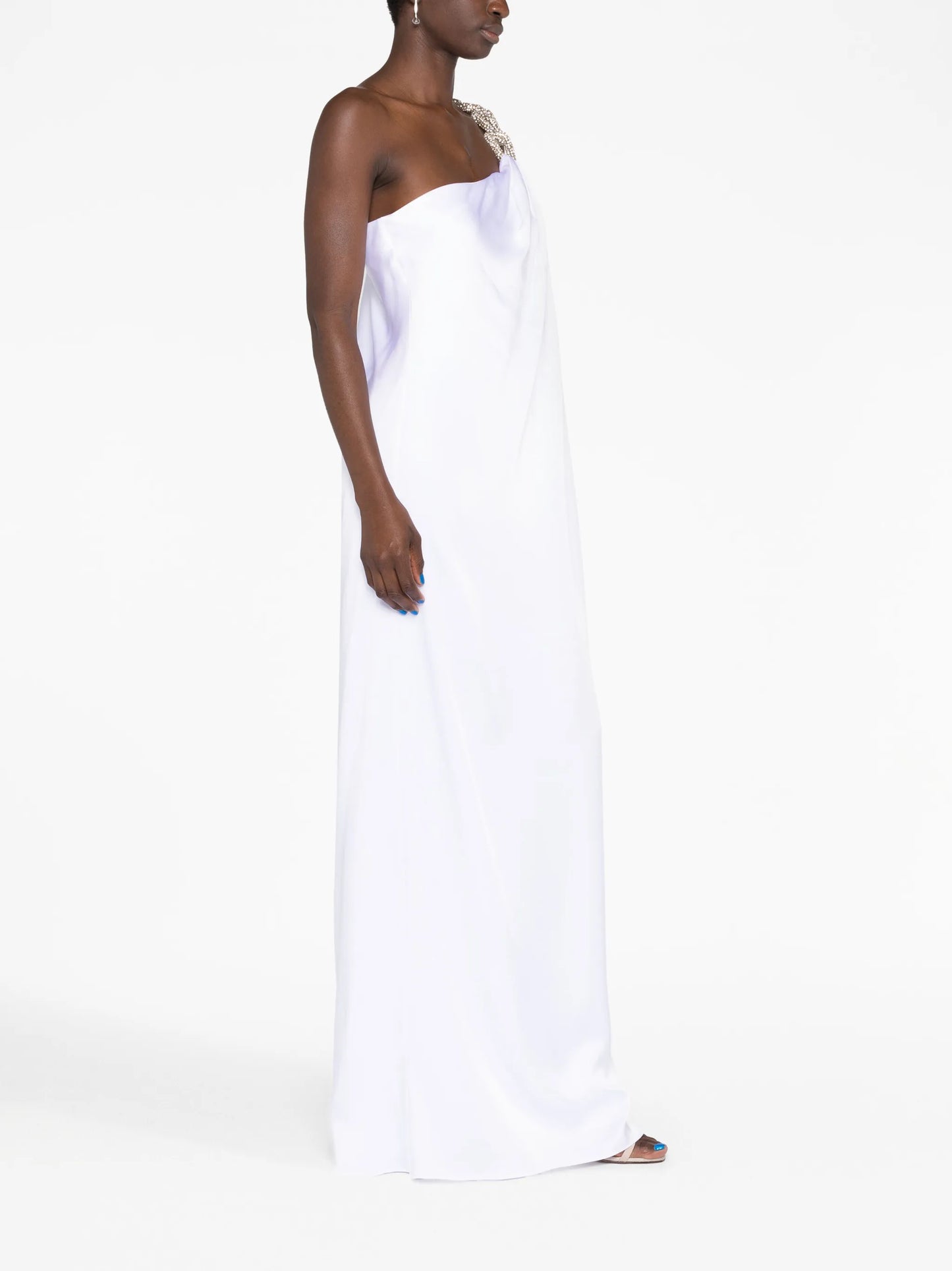 one-shoulder chain-strap gown