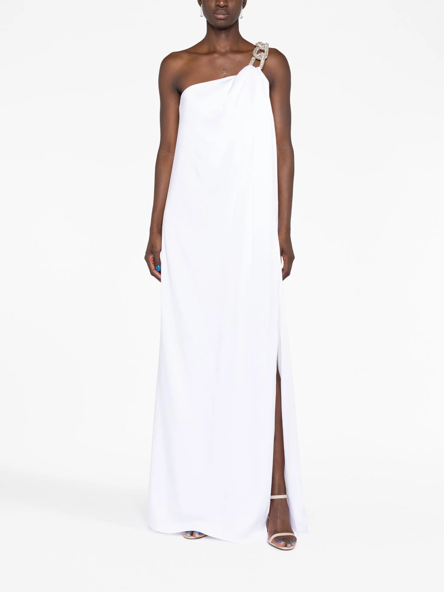 one-shoulder chain-strap gown