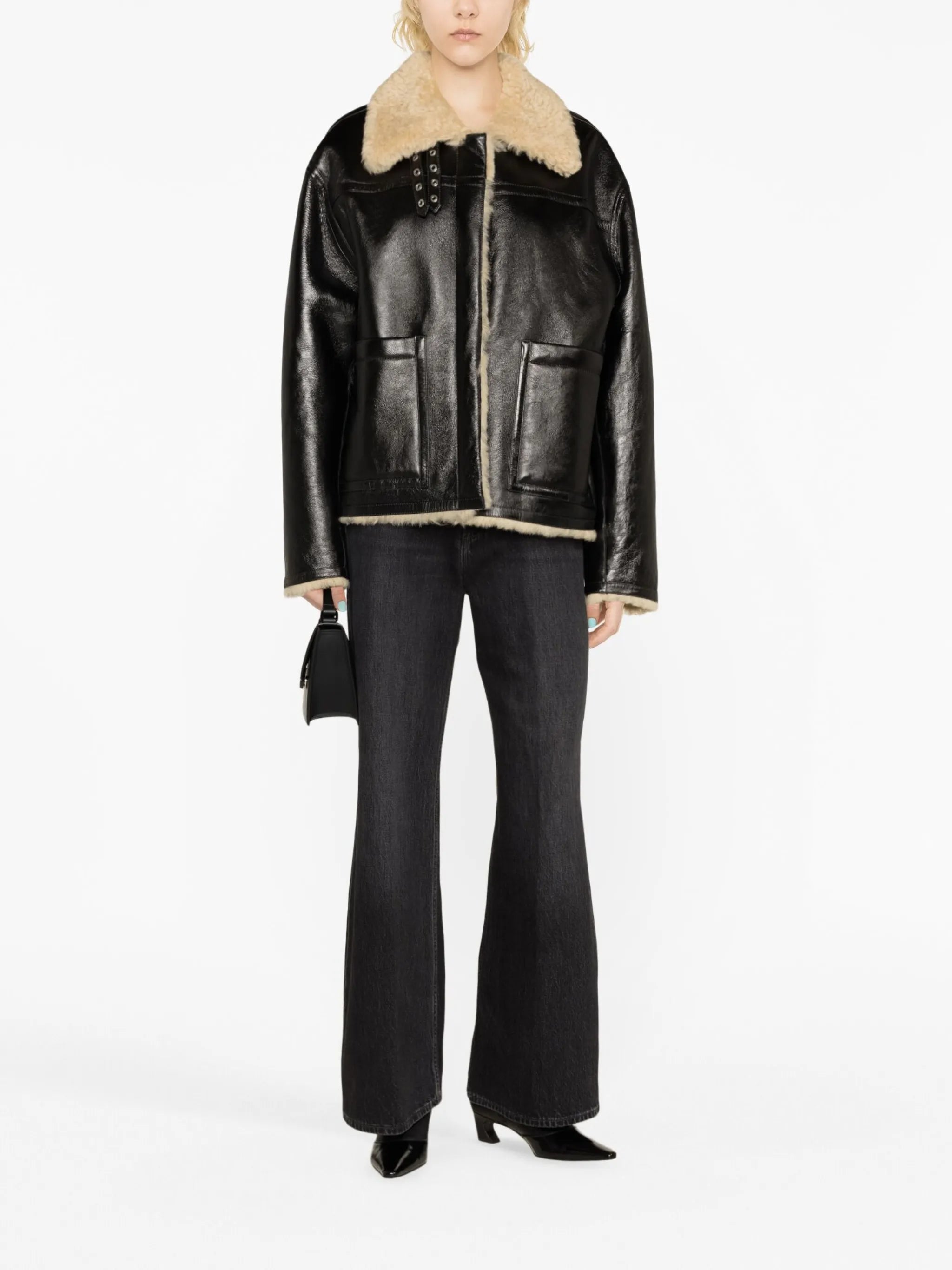 shearling-collar leather jacket
