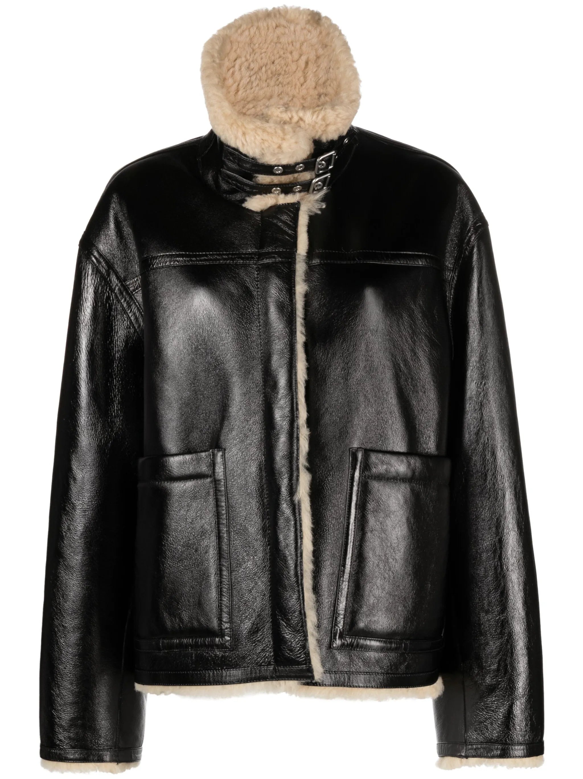 shearling-collar leather jacket