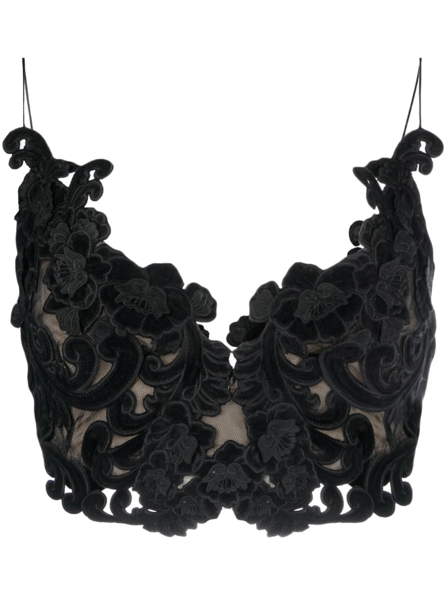 Sensory embroidered-velvet bustier top