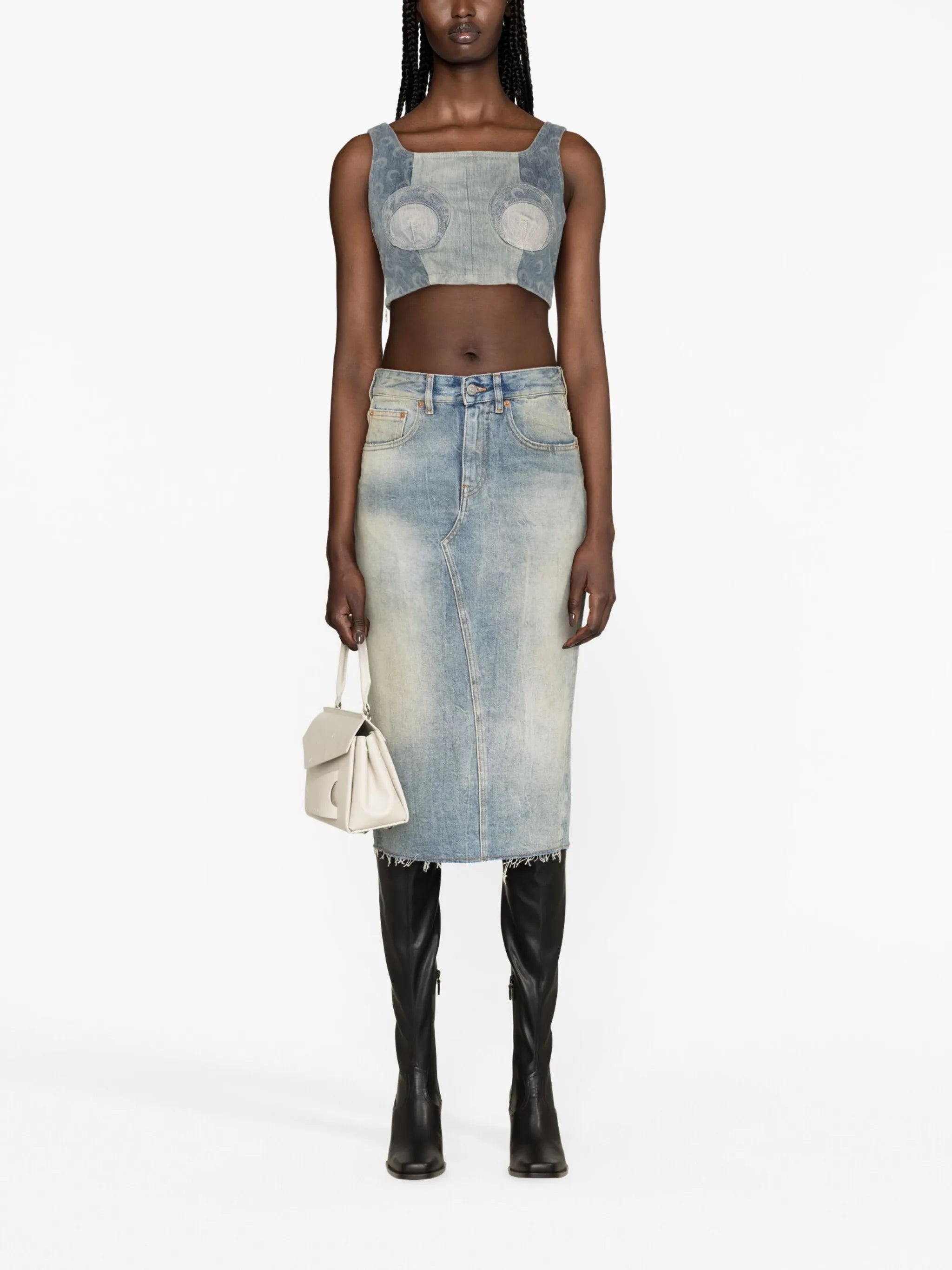 Regenerated denim bustier top