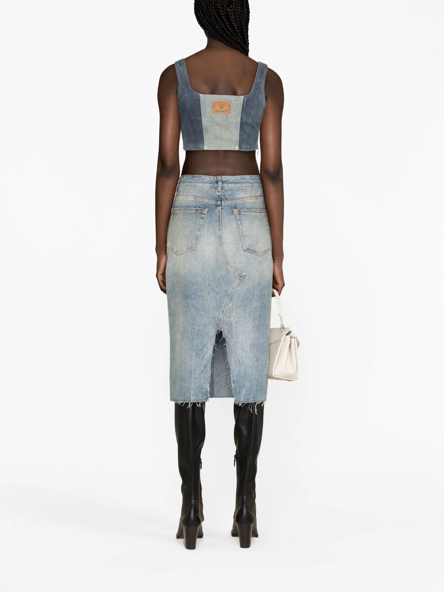 Regenerated denim bustier top