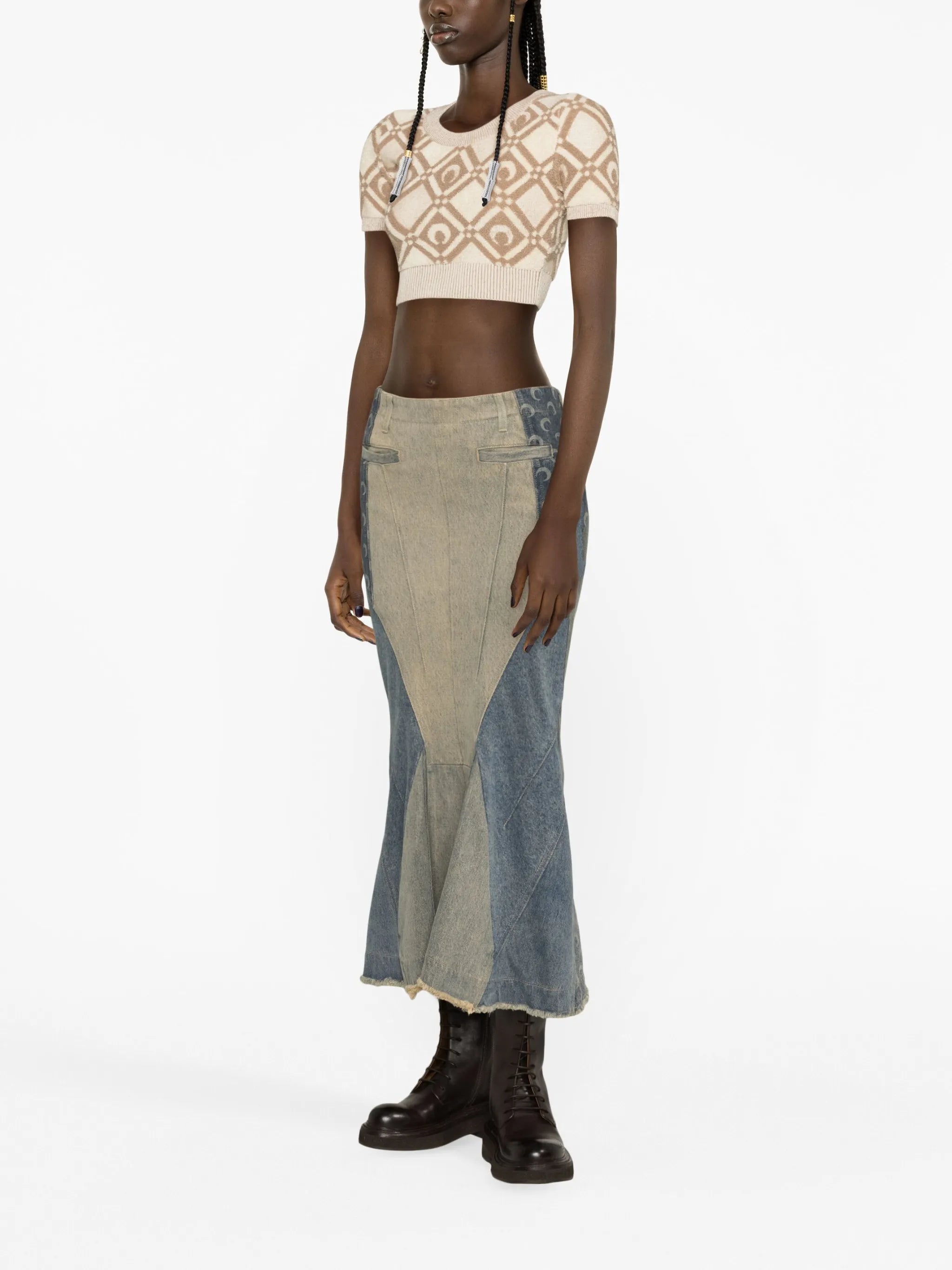 Regenerated denim flared midi skirt