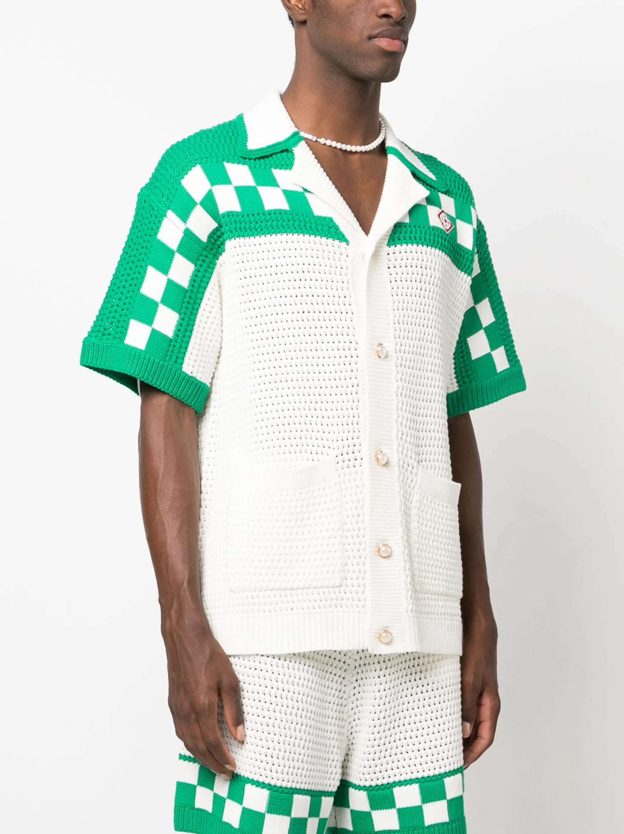 crochet checkerboard-knit shirt