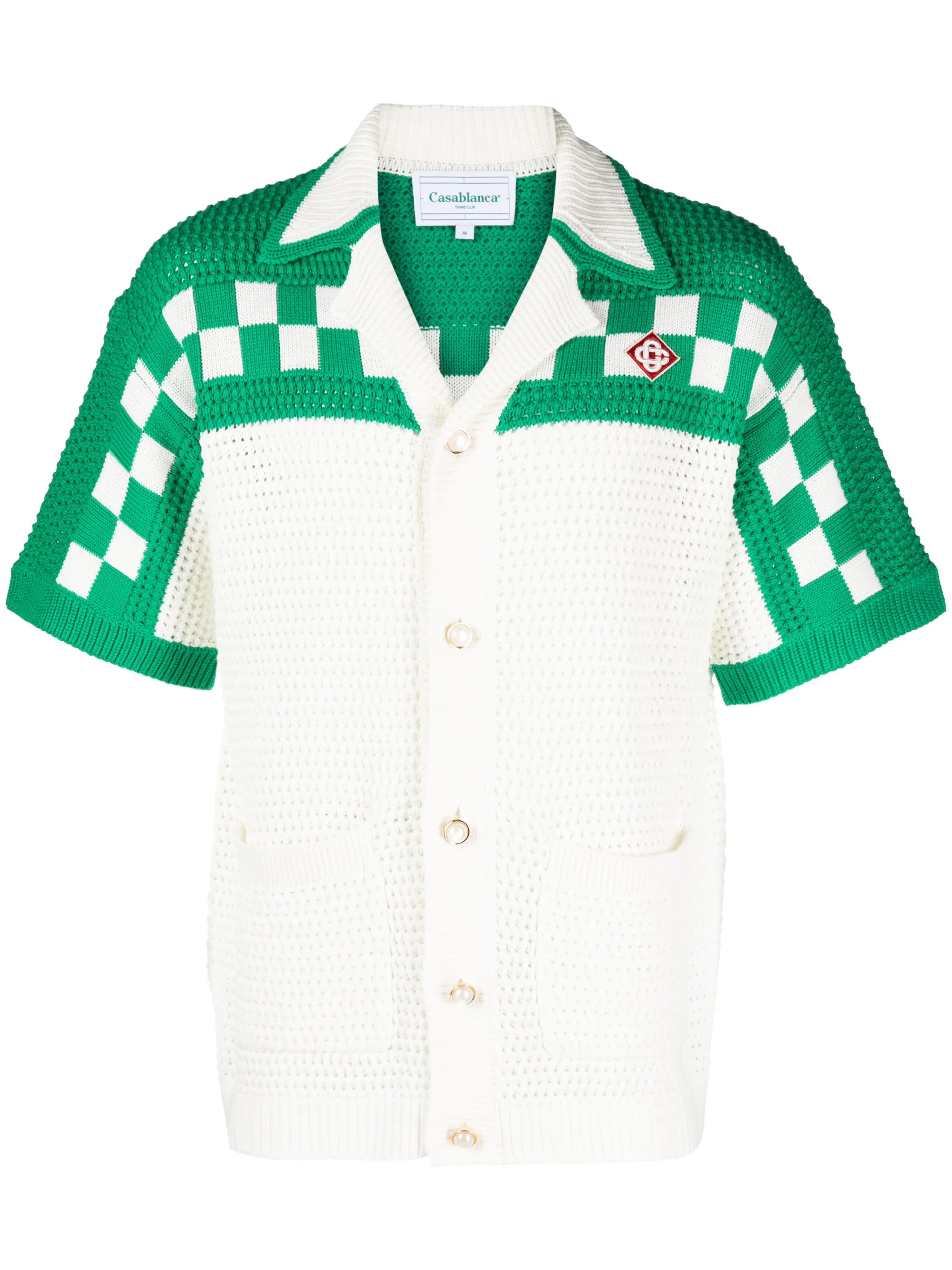 crochet checkerboard-knit shirt