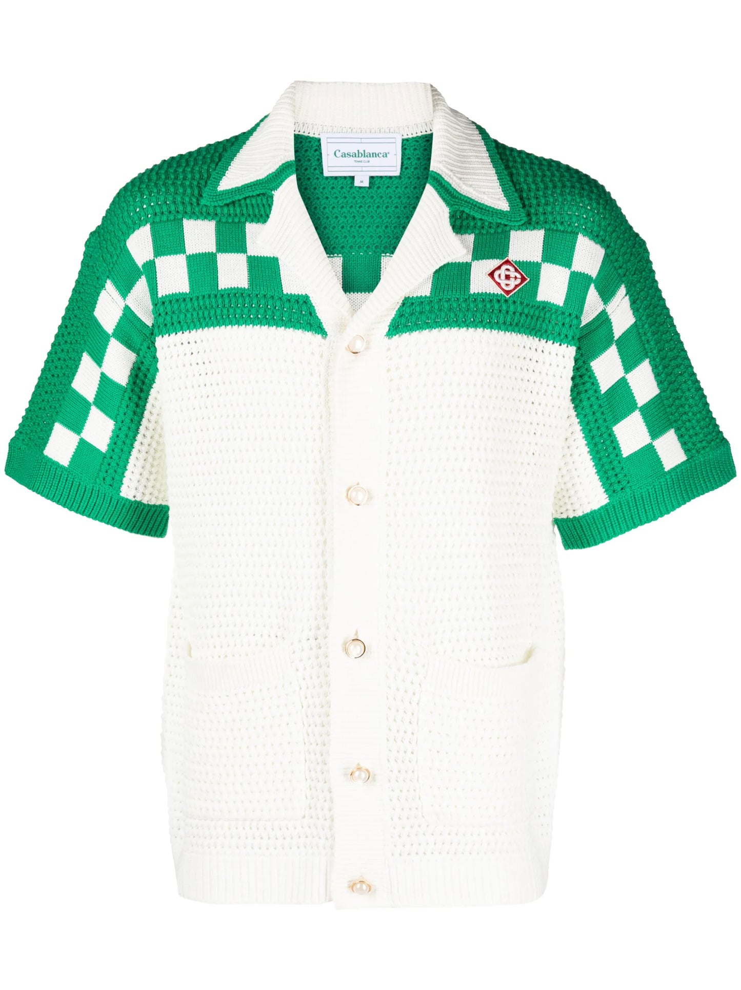 crochet checkerboard-knit shirt