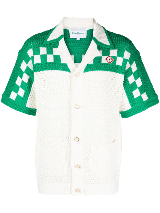 crochet checkerboard-knit shirt
