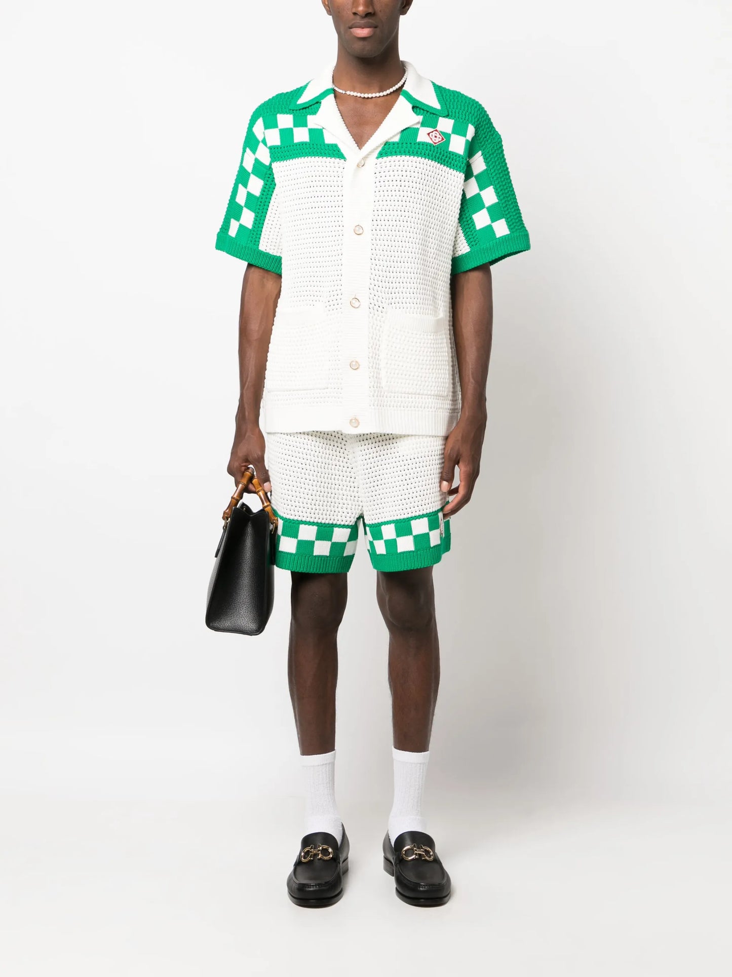 crochet checkerboard-knit shirt