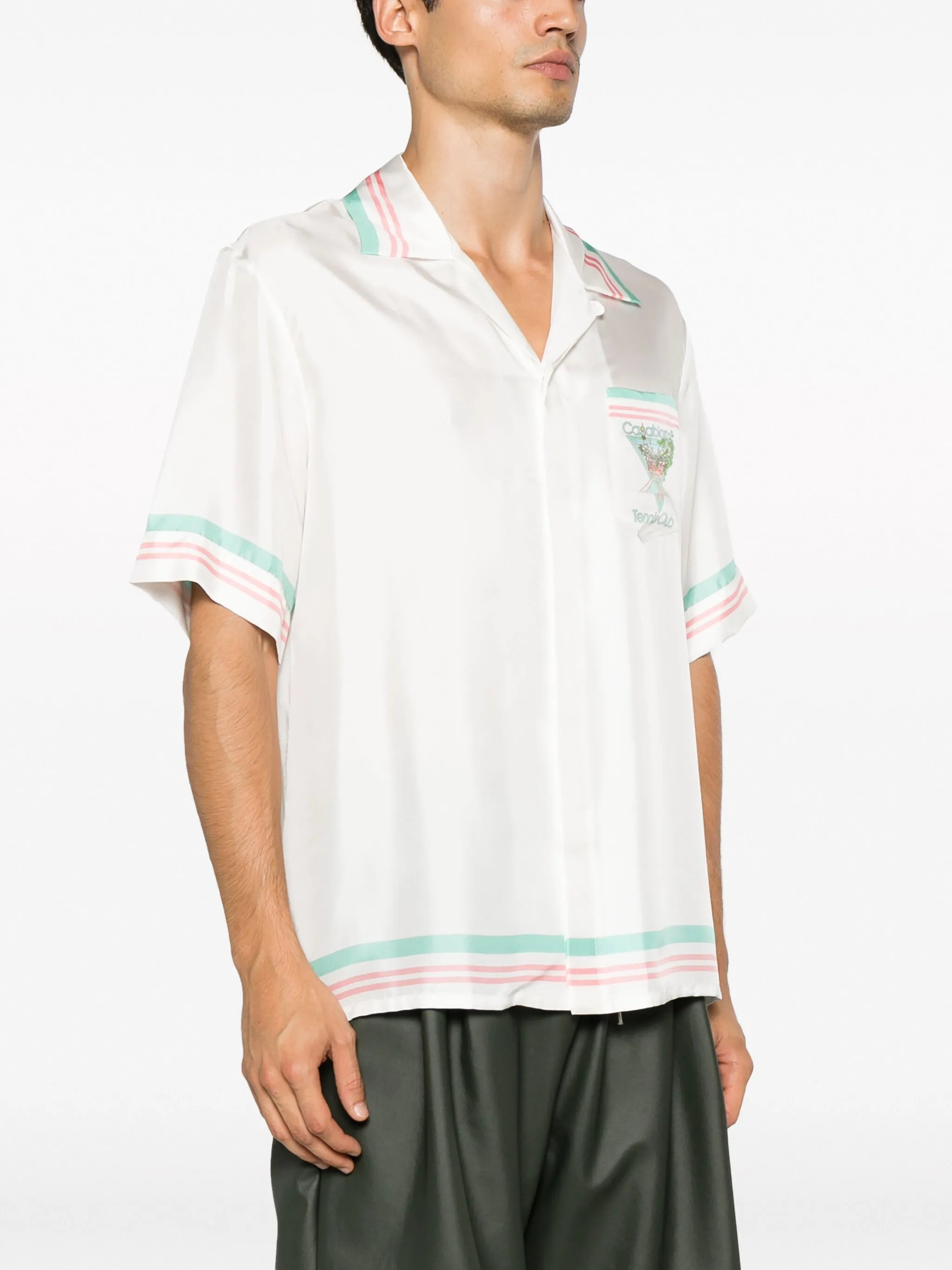 striped-edge Cuban-collar shirt