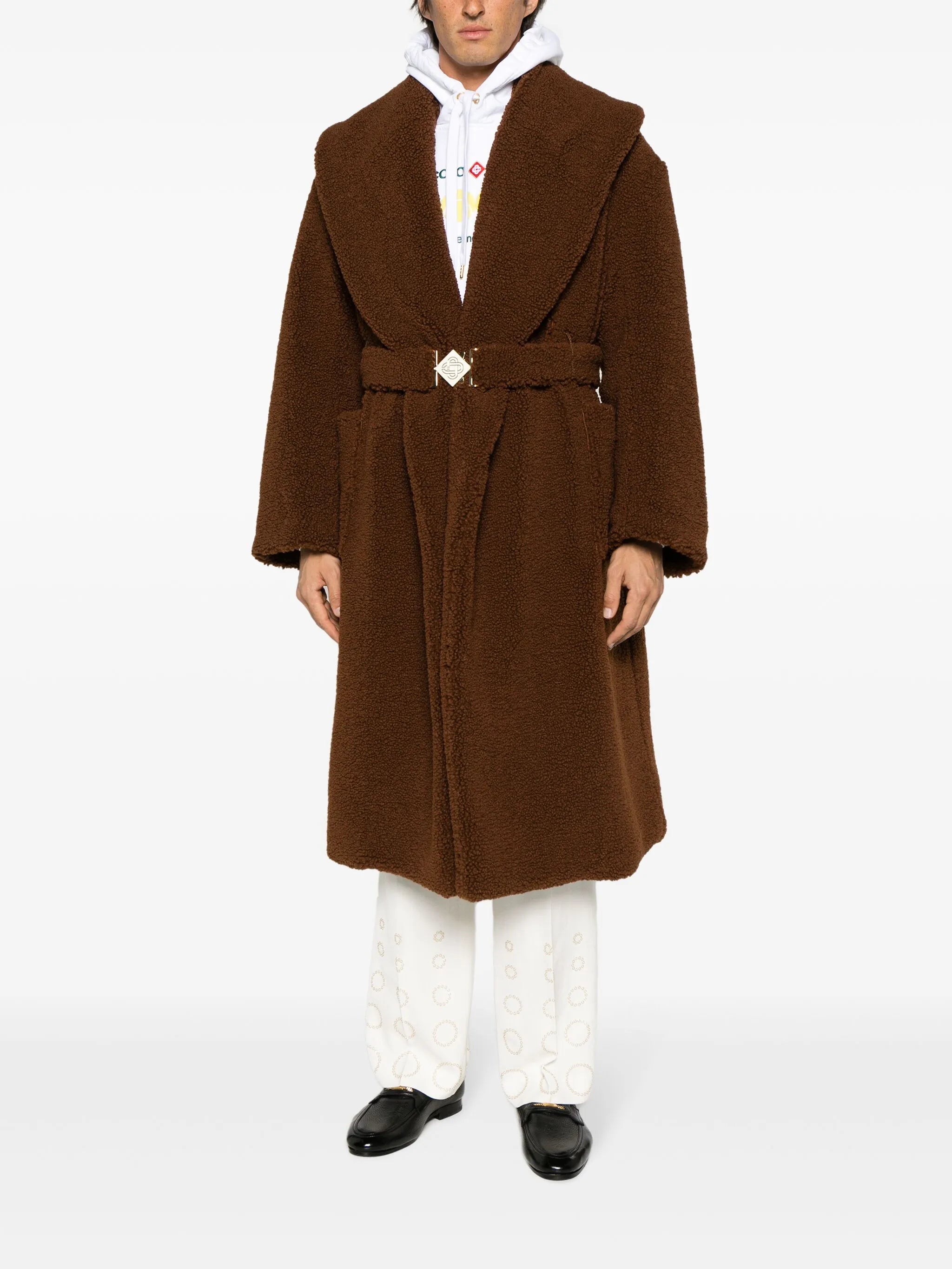 belted faux-shearling coat