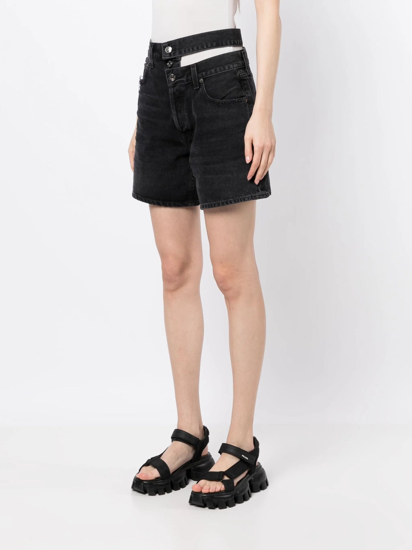broken-waistband denim shorts