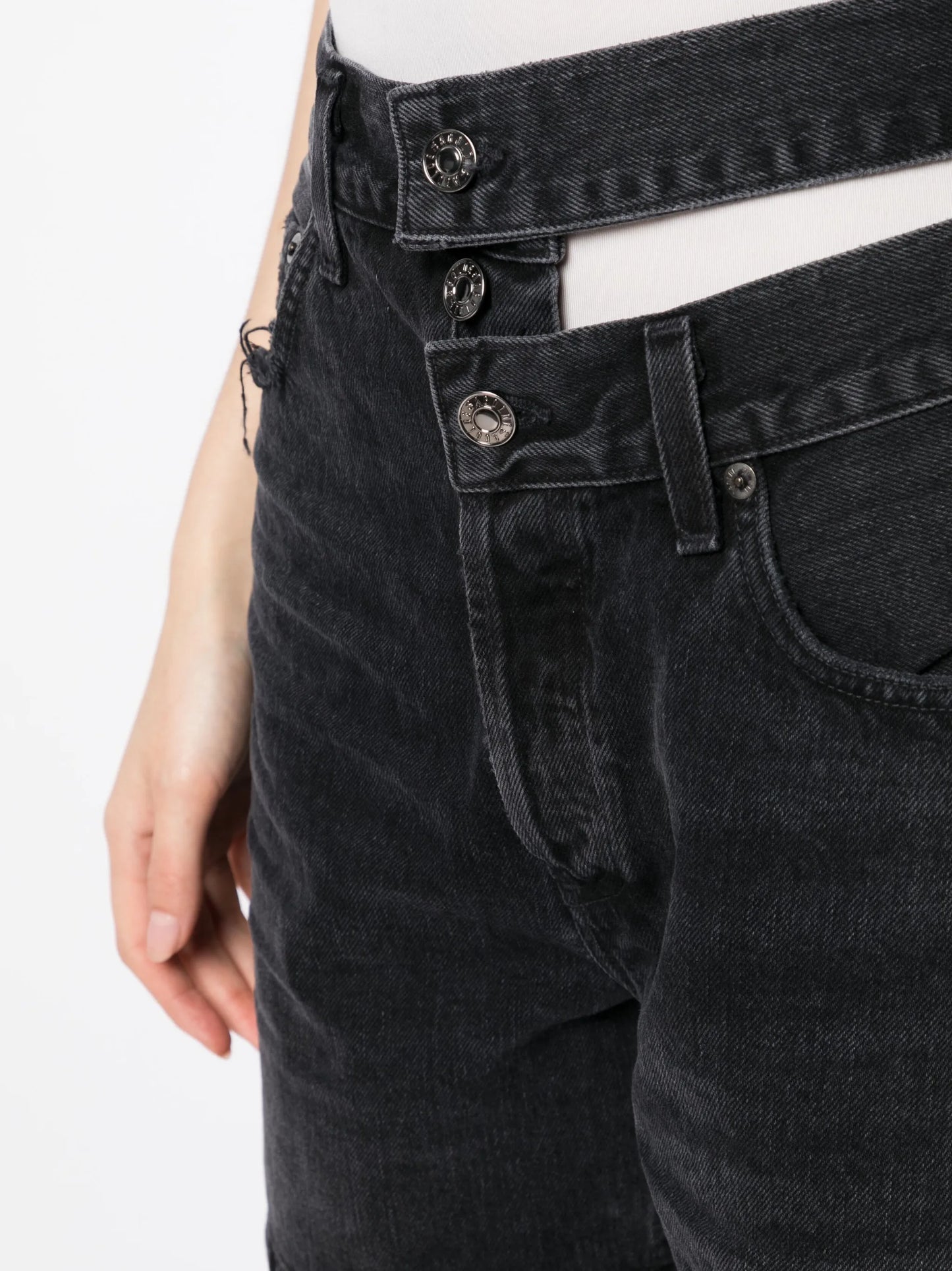 broken-waistband denim shorts