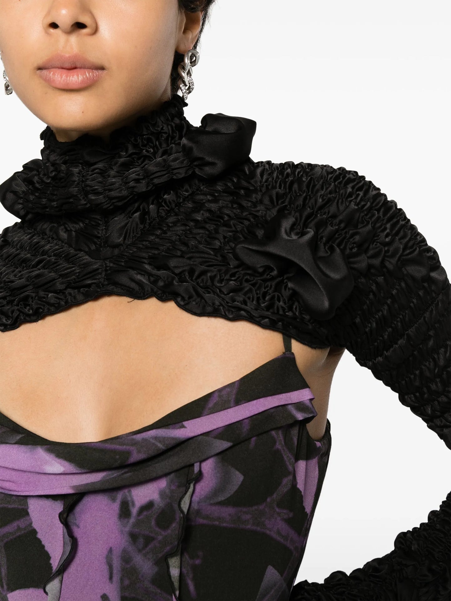 satin high-neck shirred bolero