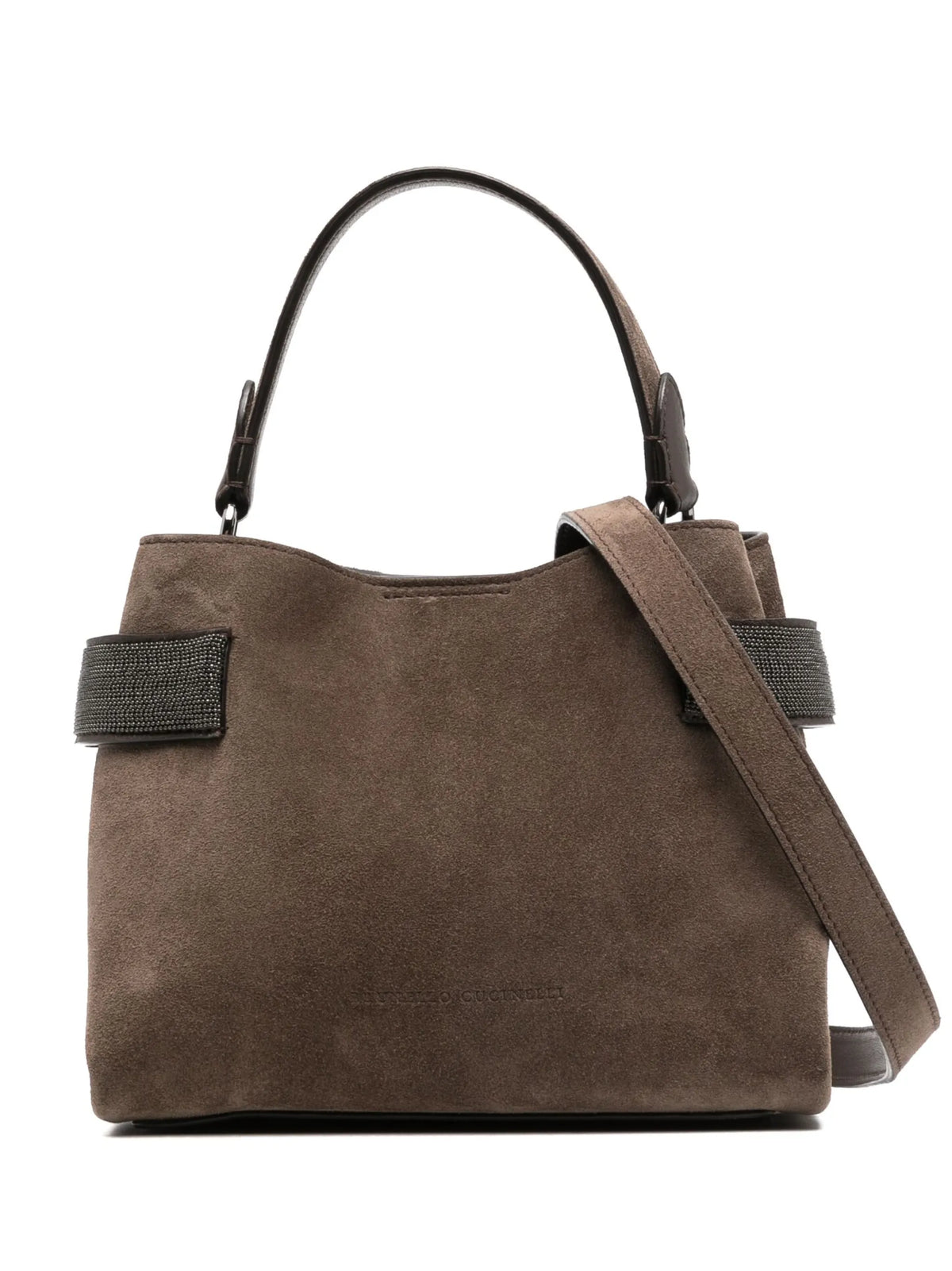 Essence small top-handle bag in suede with precious bands
