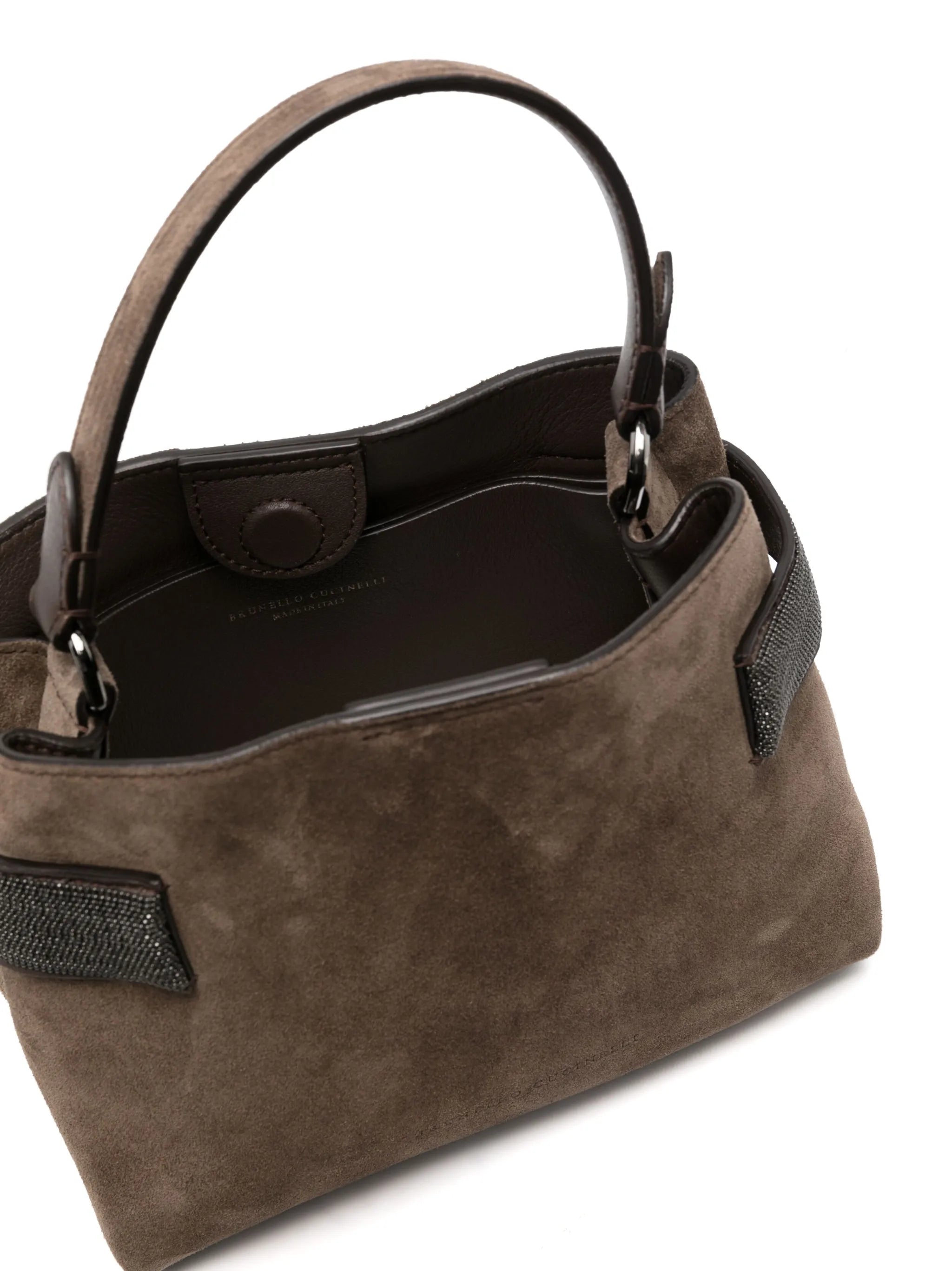 Essence small top-handle bag in suede with precious bands