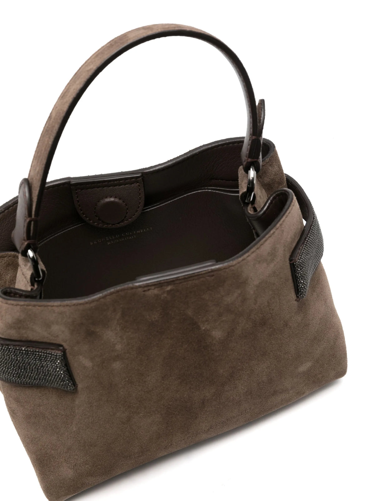 Essence small top-handle bag in suede with precious bands