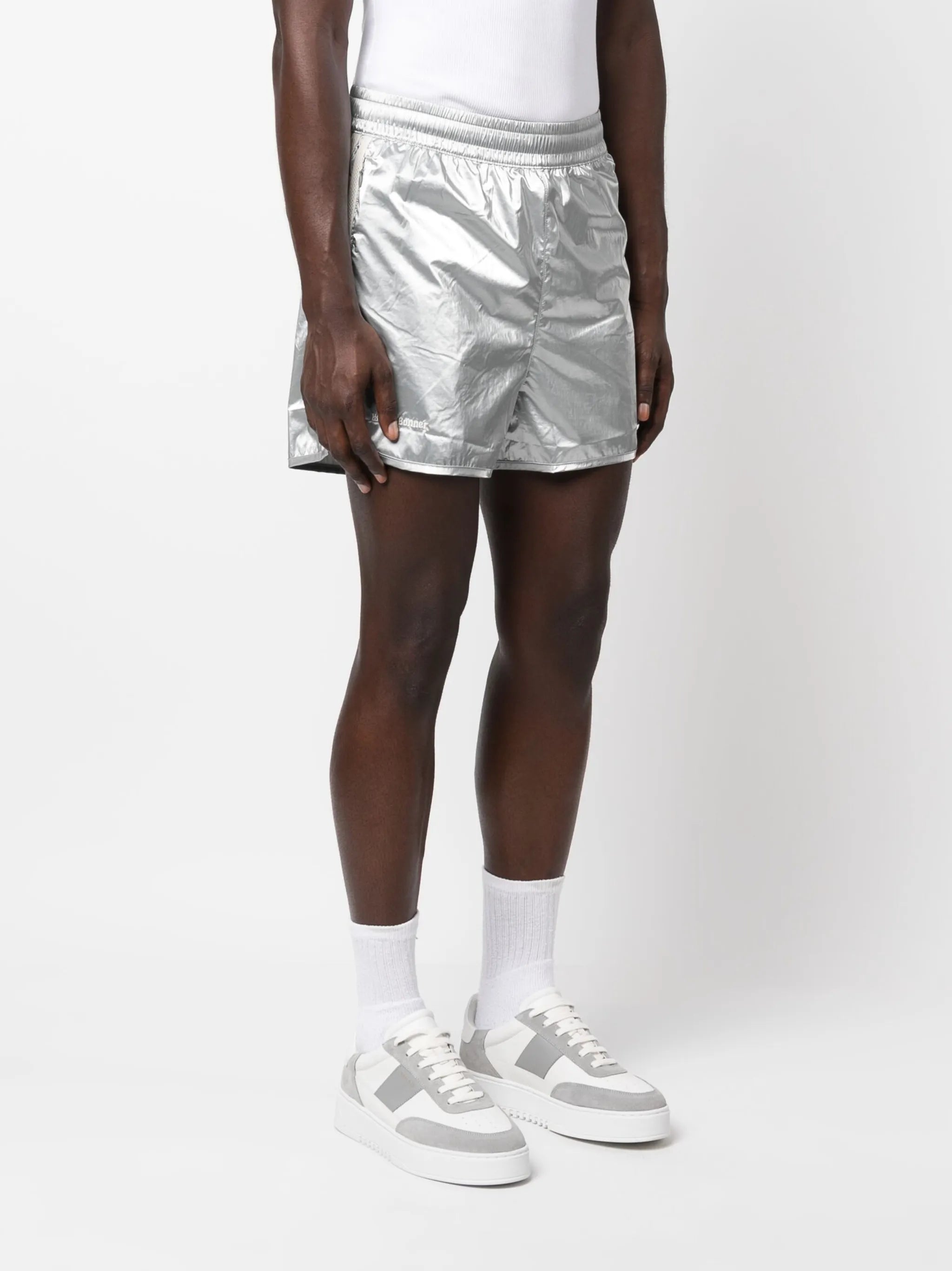 metallic-finish running shorts