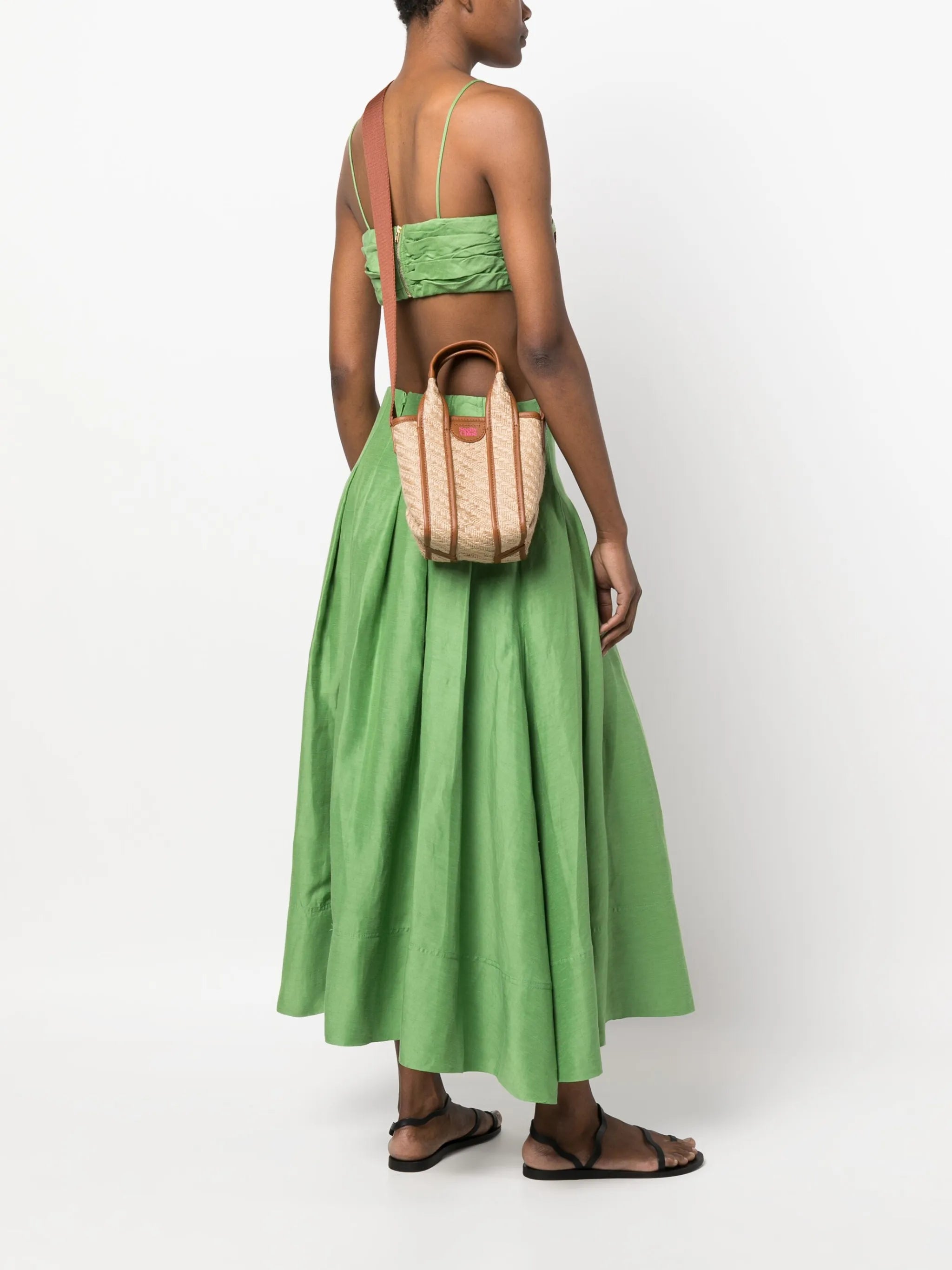 leather-trimmed jute tote bag