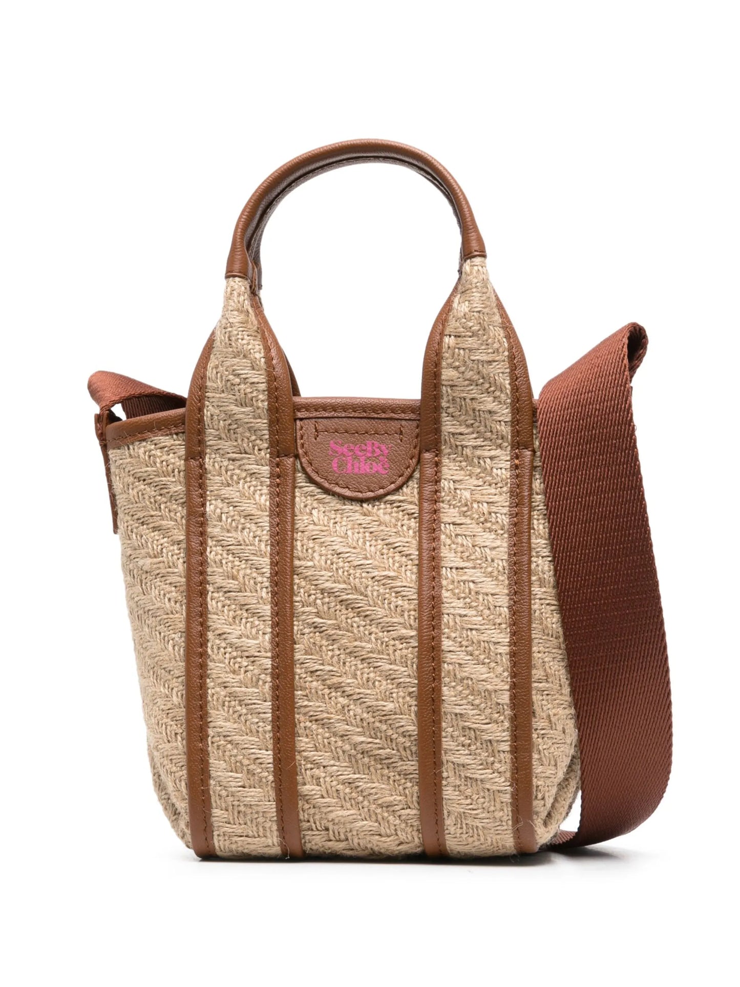 leather-trimmed jute tote bag