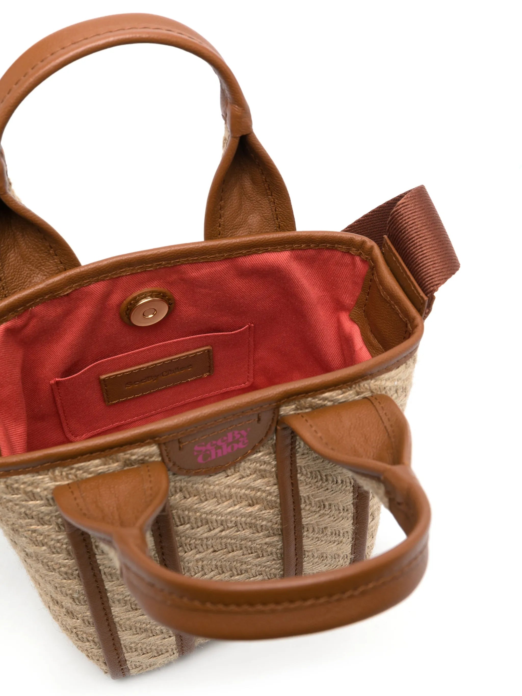 leather-trimmed jute tote bag
