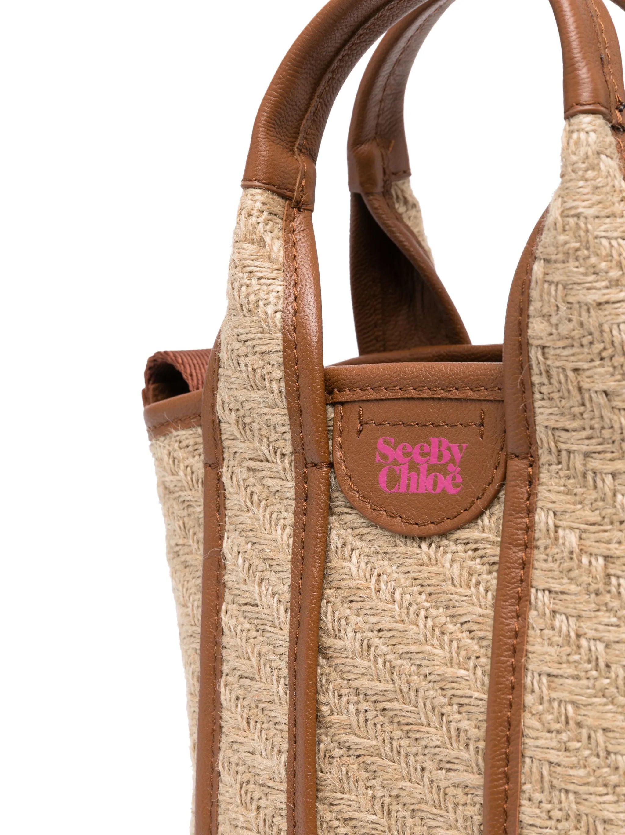 leather-trimmed jute tote bag