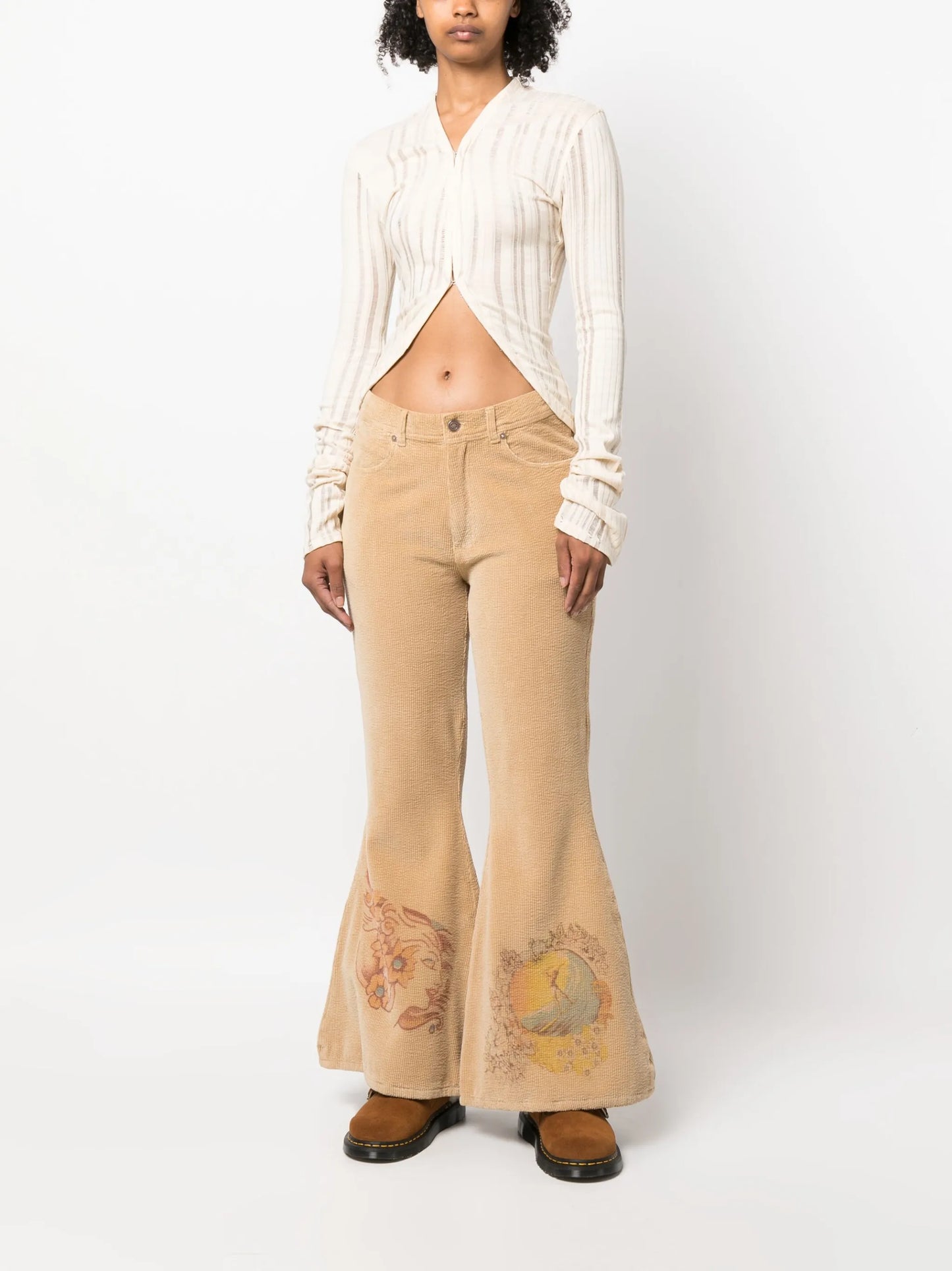 illustration-print corduroy flared trousers