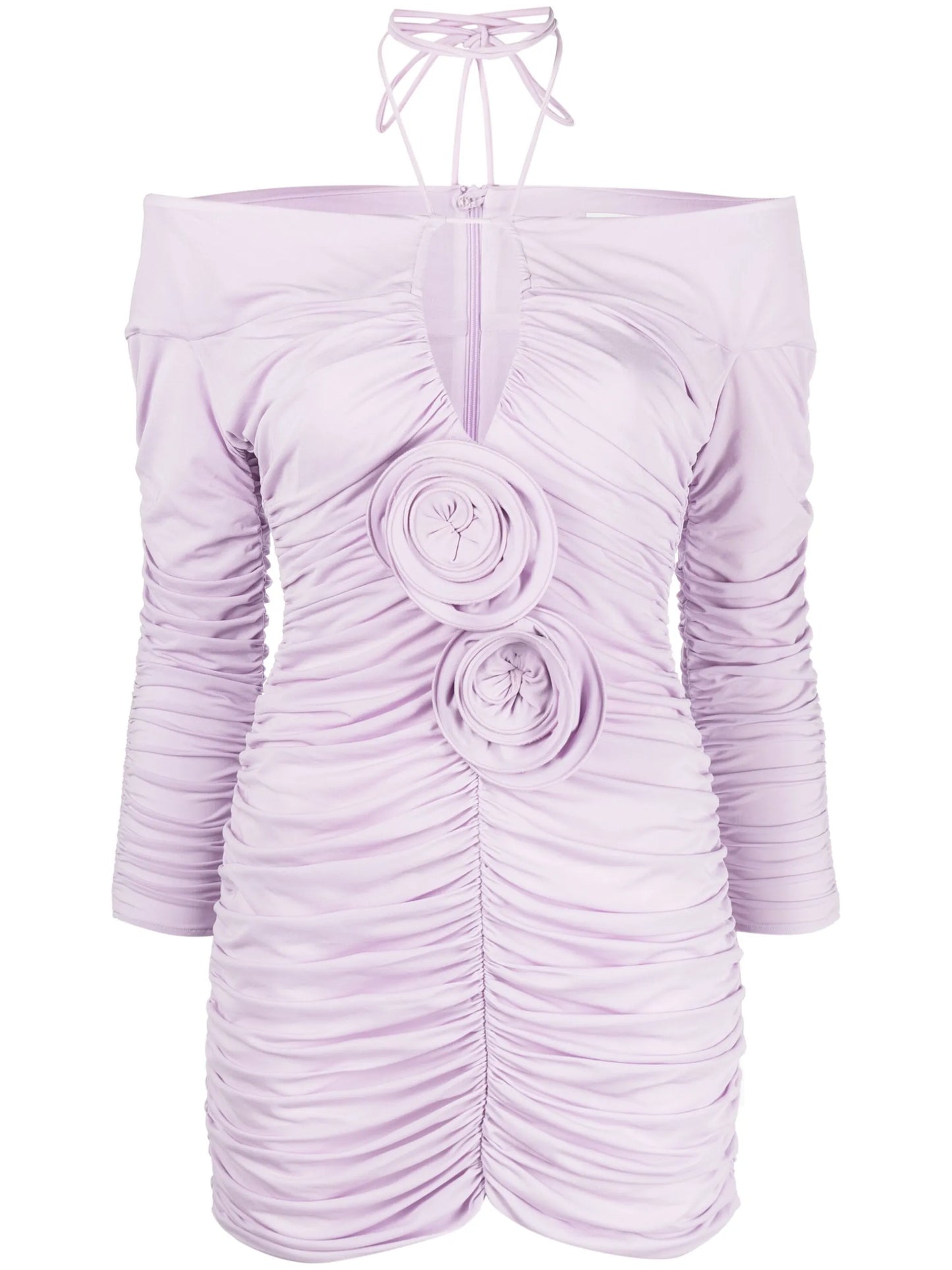 floral-appliqué ruched midi dress