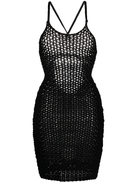 crochet-knit sheer minidress
